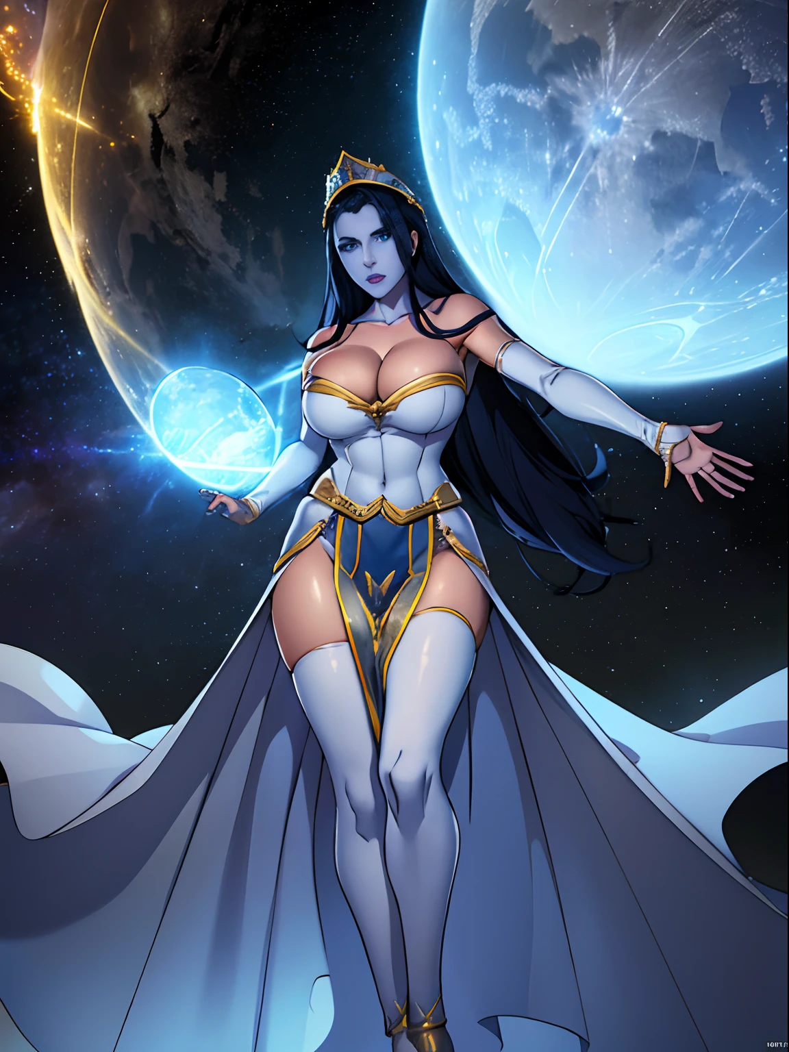(masterpiece, top quality, best quality, official art, beautiful and aesthetic:1.2), (1girl:1.3), dark blue hair in braid, extremely detailed, portrait, looking at viewer, solo, (full body:0.6), detailed background, close up, (cool science fiction space theme:1.1), ((((blue skin)))), extremely busty sorceress, charlatan, mysterious, casting spells in space, four arms, revealing see-through white and gold robes, fingerless gloves, long gloves, glowing magical energy, white blindfold, elaborate headdress, golden ceremonial winged crown, sheer white fabric, elegant robes, skirts, streamers, cowl, cape, sandals, bracers, ((((four arms, gigantic breasts, cleavage, skindentation)))), slim waist, slim hips, long sexy legs, athletic, SPACE, futuristic moon, (space exterior:1.1) background, dark mysterious lighting, shadows, magical atmosphere, dutch angle