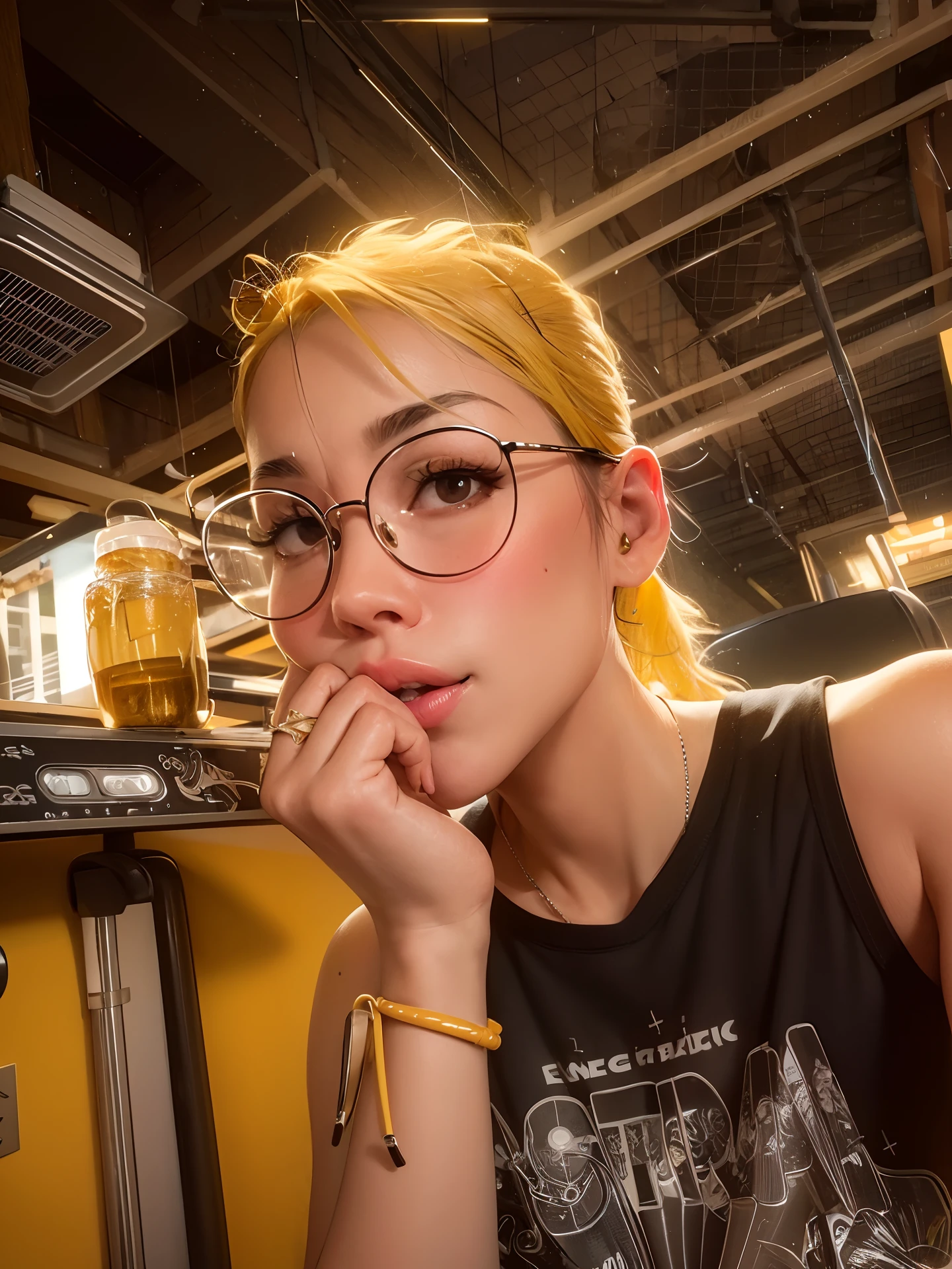 there is a woman sitting at a table with yellow hair a plate of food, girl wearing round glasses, yellow hair chun li at the gym, in a gym, yellow hair fernanda suarez, 8k selfie photograph, girl with glasses, alanis guillen, she wears harry potter glasses, with glasses, yellow hair julia fuentes, karla ortiz, cindy avelino, thick glasses, lorena avarez