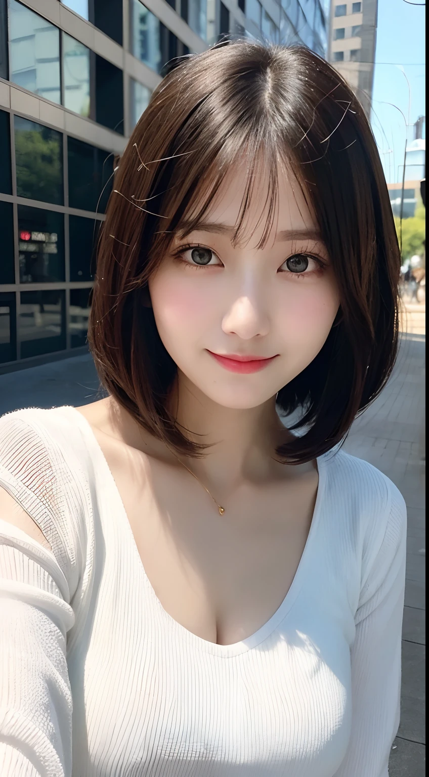 masutepiece, Best Quality, Illustration, Ultra-detailed, finely detail, hight resolution, 8K Wallpaper, Perfect dynamic composition, Beautiful detailed eyes, Women's Fashion Summer,Short bob hair,mid-chest, Natural Color Lip, Bold sexy poses,Smile,Harajuku、20 years girl、Cute、Sexy shot looking at camera