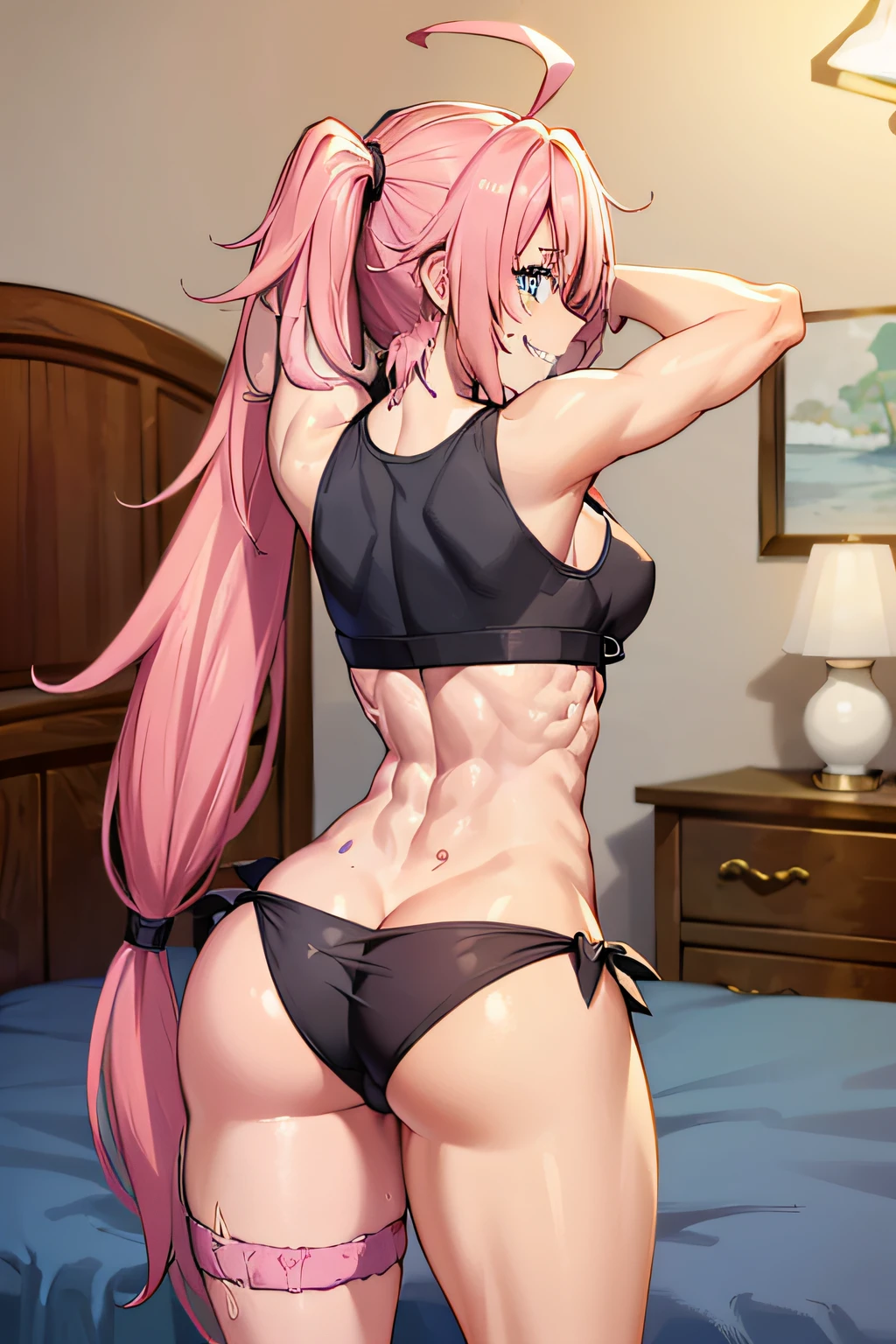 ((female)), (very messy hair), (happy smile), Fangs, ((ripped abs)), toned arms and legs, medium breasts, Excessive sweating, (bedroom setting), bright blue eyes, ((hair pink)), barefoot, standing, (((looking back showing her big ass to me)))