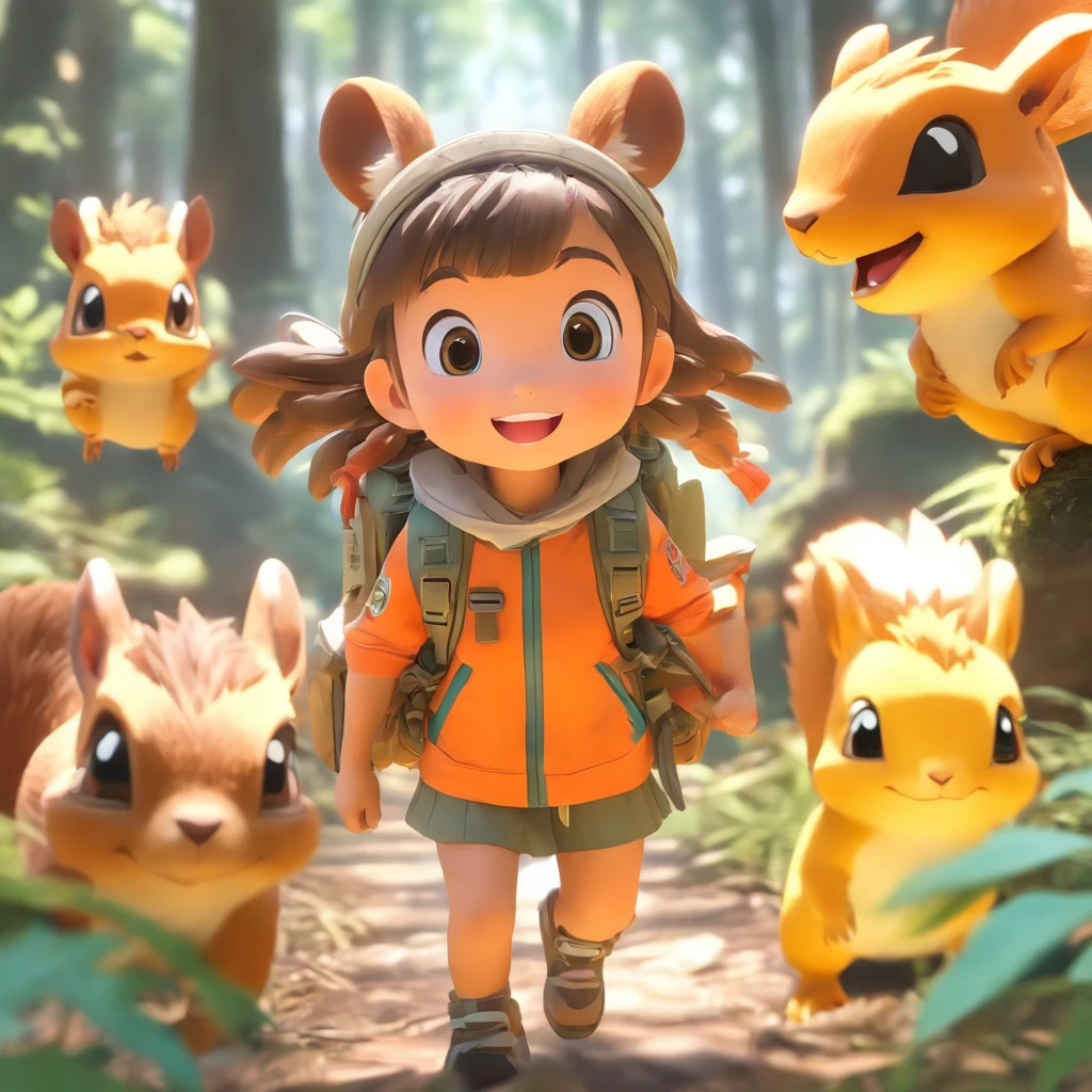 （nijistyle),-year Chin girl，Carry an oversized adventure pack，A small squirrel，A little dinosaur early morning girl，Set off on an expedition，Miniature character model in the forest, Light source from right to left, Rum lighting, Light source from right to left, (Remote view), (Top down), Realistic proportions, Post-processing, ((Orthogonal perspective)), Super detail, Realistic, Super realistic, photoreal render, Irridescent color, glitters