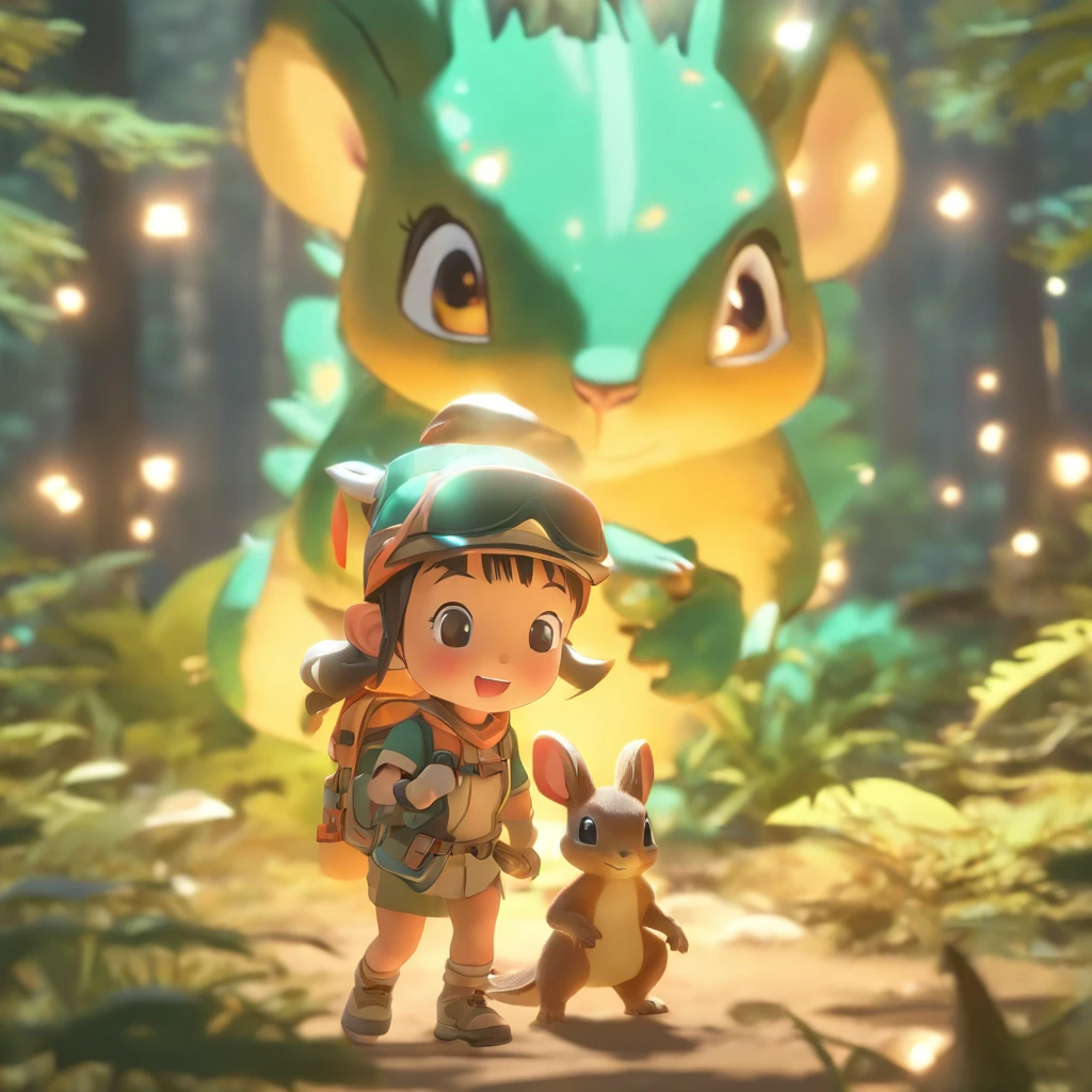 （nijistyle),Five-year-old Chinese girl，Carry an oversized adventure pack，A small squirrel，A little dinosaur early morning girl，Set off on an expedition，Miniature character model in the forest, Light source from right to left, Rum lighting, Light source from right to left, (Remote view), (Top down), Realistic proportions, Post-processing, ((Orthogonal perspective)), Super detail, Realistic, Super realistic, photoreal render, Irridescent color, glitters