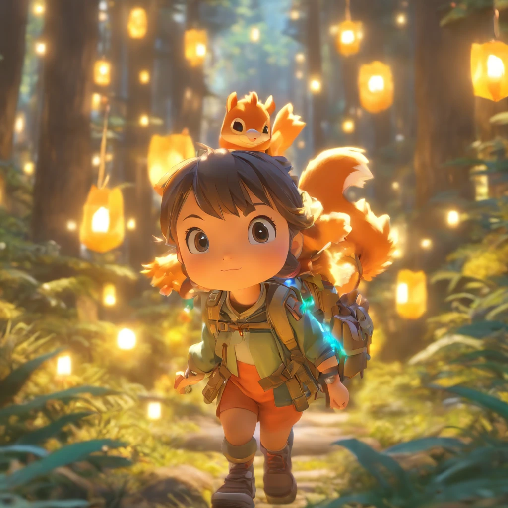(nijistyle),Five-year-old Chinese girl,Carry an oversized adventure pack,A small squirrel,A little dinosaur early morning girl,Set off on an expedition,Miniature character model in the forest, Light source from right to left, Rum lighting, Light source from right to left, (Remote view), (Top down), Realistic proportions, Post-processing, ((Orthogonal perspective)), Super detail, Realistic, Super realistic, photoreal render, Irridescent color, glitters