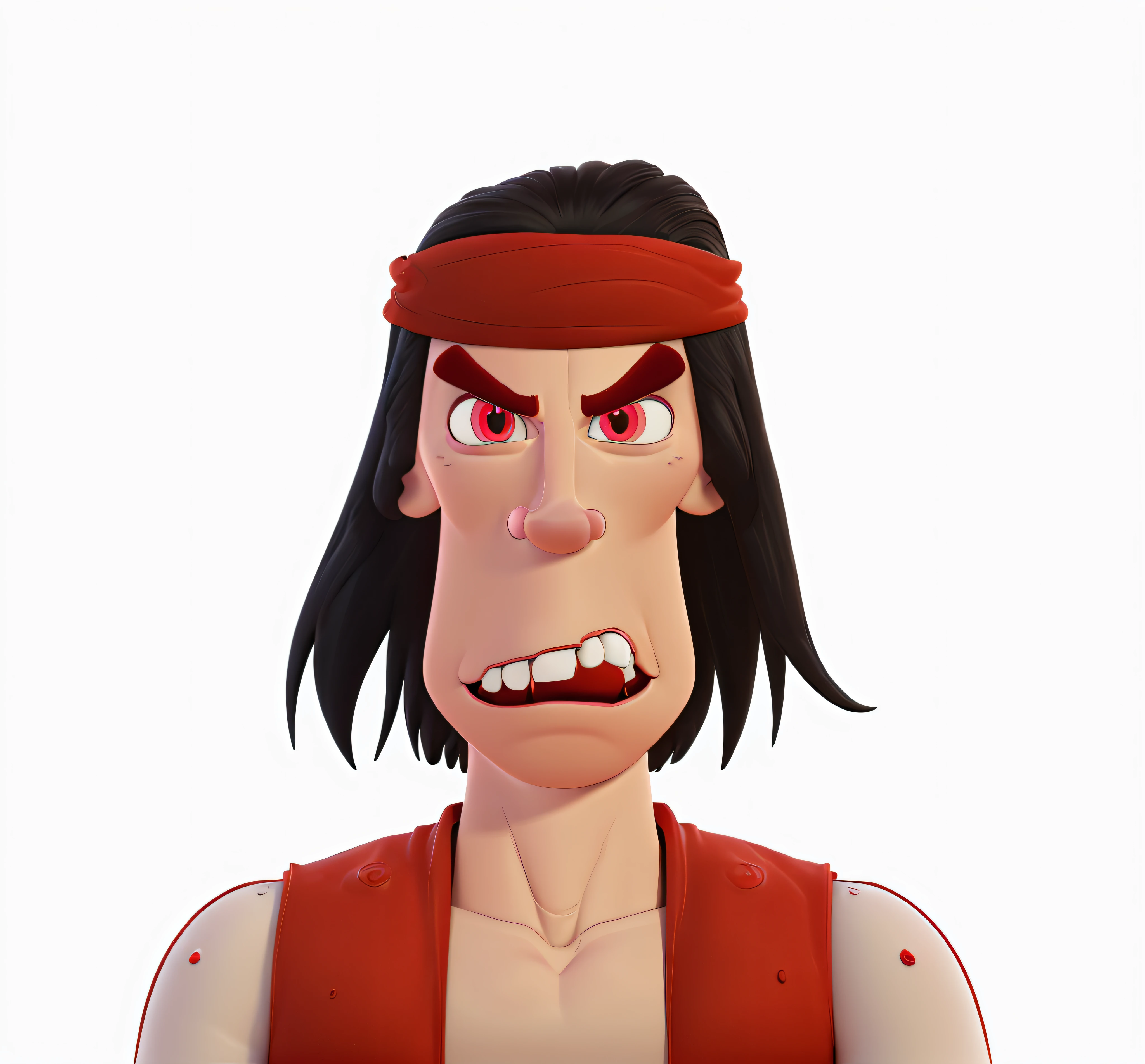 white background, (((3d rendered, cartoon))), ((big jaw, long face, caricature)), long black hair, shirt less, red vest, red head band, thick eyebrows, nose,