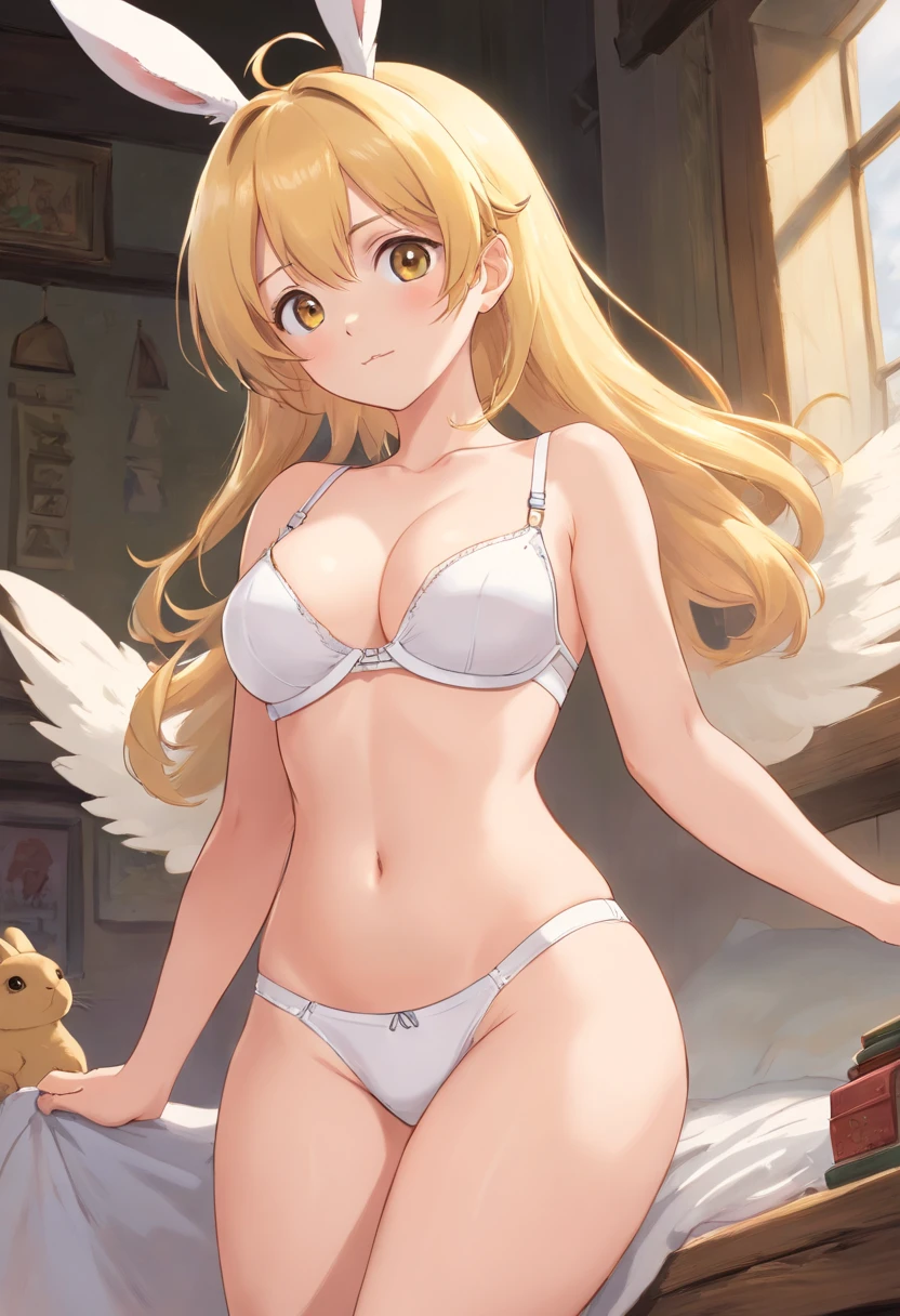 White bra,white panties,hindquarters,stocklings,with short golden hair,With rabbit ears