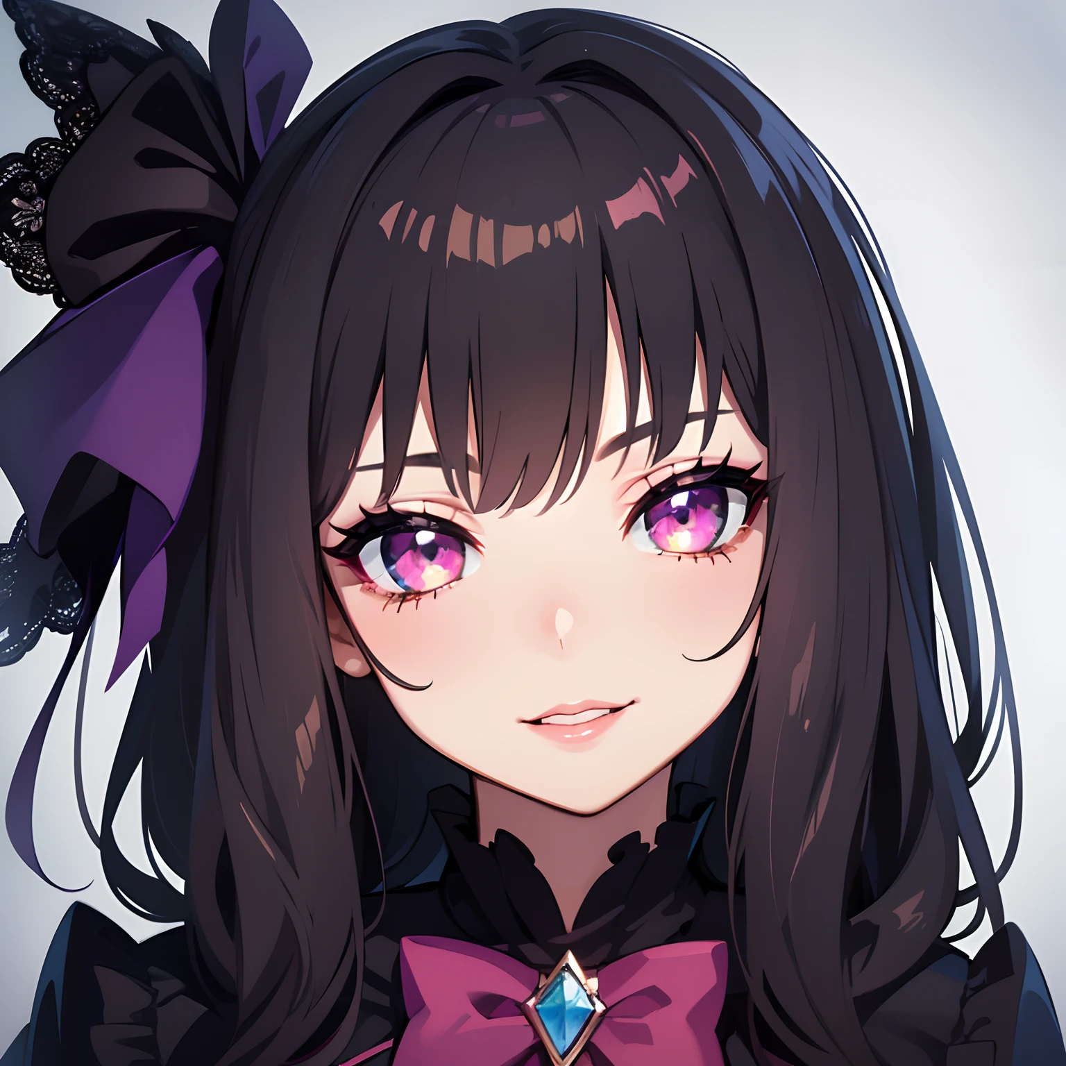 A smile,a beauty girl,beautidful eyes,Nasty eyes,Erotic look,animesque,head shot,close up of face,s lips,Glossy lips,Eyes Like Gems,long lashes,eyeshadows,lip stick,a junior high school student,frilld,bow ribbon,Gothic lolita,A dark-haired