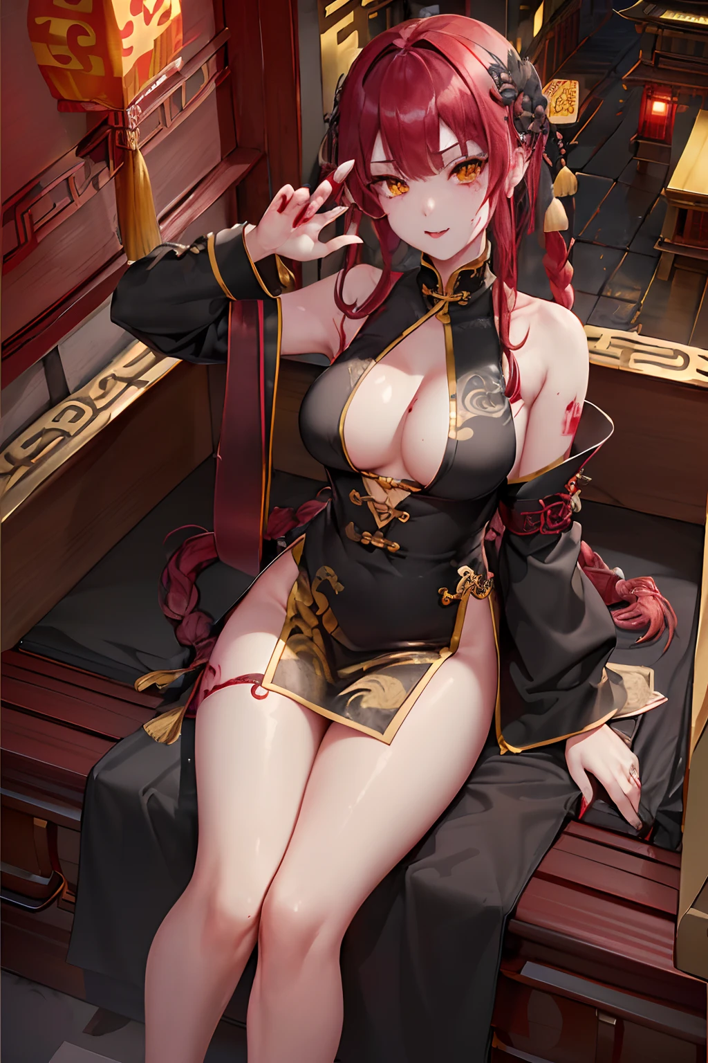 top-quality、Top image quality、in 8K,4K,masterpiece、(NSFW:1.1)、ultra-detailliert、Beautiful、ultra-quality、adult-like、Cool、((Undersized breasts:1.4、Narrow cleavage, under the boobs, (Bloods:1.4), wounds, (Bloody:1.1), Blood everywhere, (Blood on clothes:1.1), blood pool, (Covered with blood:1.3))、Ferocious Girl(((18year old、Kyungsi Style:1.3、bra very:1.2、Chinese Long Sleeve:1.5、Wearing Chinese Hair Ornaments:1.5、long braided red hair:1.3、Putting out fangs:1.5、fingers long nails:1.3、Wear Chinese Shoes:1.3. Yellow Eye、erotick:1.4、Happiness、The tattoo)))、hiquality、visualart、Background with((Midnight Chinese Streets:1.3、Chinese house background without lighting:1.3、Black fog:1.3、coffin:1.5))、masutepiece