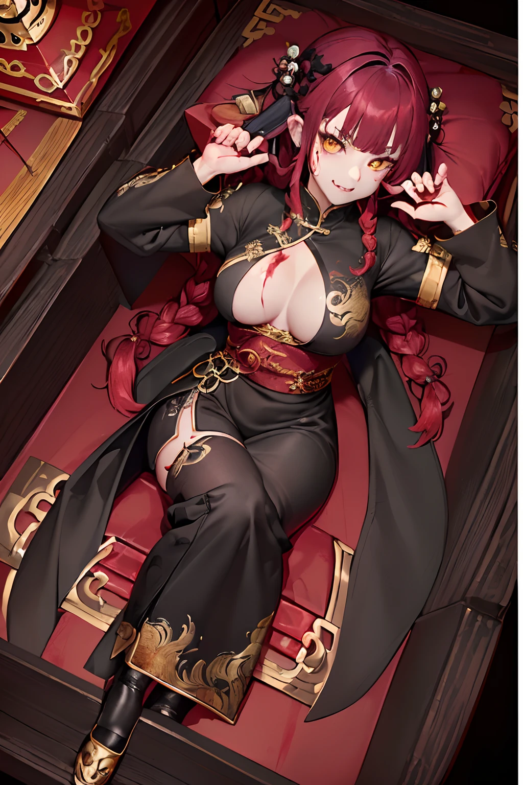 top-quality、Top image quality、in 8K,4K,masterpiece、(NSFW:1.1)、ultra-detailliert、Beautiful、ultra-quality、adult-like、Cool、((Undersized breasts:1.4、Narrow cleavage, under the boobs, (Bloods:1.4), wounds, (Bloody:1.1), Blood everywhere, (Blood on clothes:1.1), blood pool, (Covered with blood:1.3))、Ferocious Girl(((18year old、Kyungsi Style:1.3、bra very:1.2、Chinese Long Sleeve:1.5、Wearing Chinese Hair Ornaments:1.5、long braided red hair:1.3、Putting out fangs:1.5、fingers long nails:1.3、Wear Chinese Shoes:1.3. Yellow Eye、erotick:1.4、Happiness、The tattoo)))、hiquality、visualart、Background with((Midnight Chinese Streets:1.3、Chinese house background without lighting:1.3、Black fog:1.3、coffin:1.5))、masutepiece