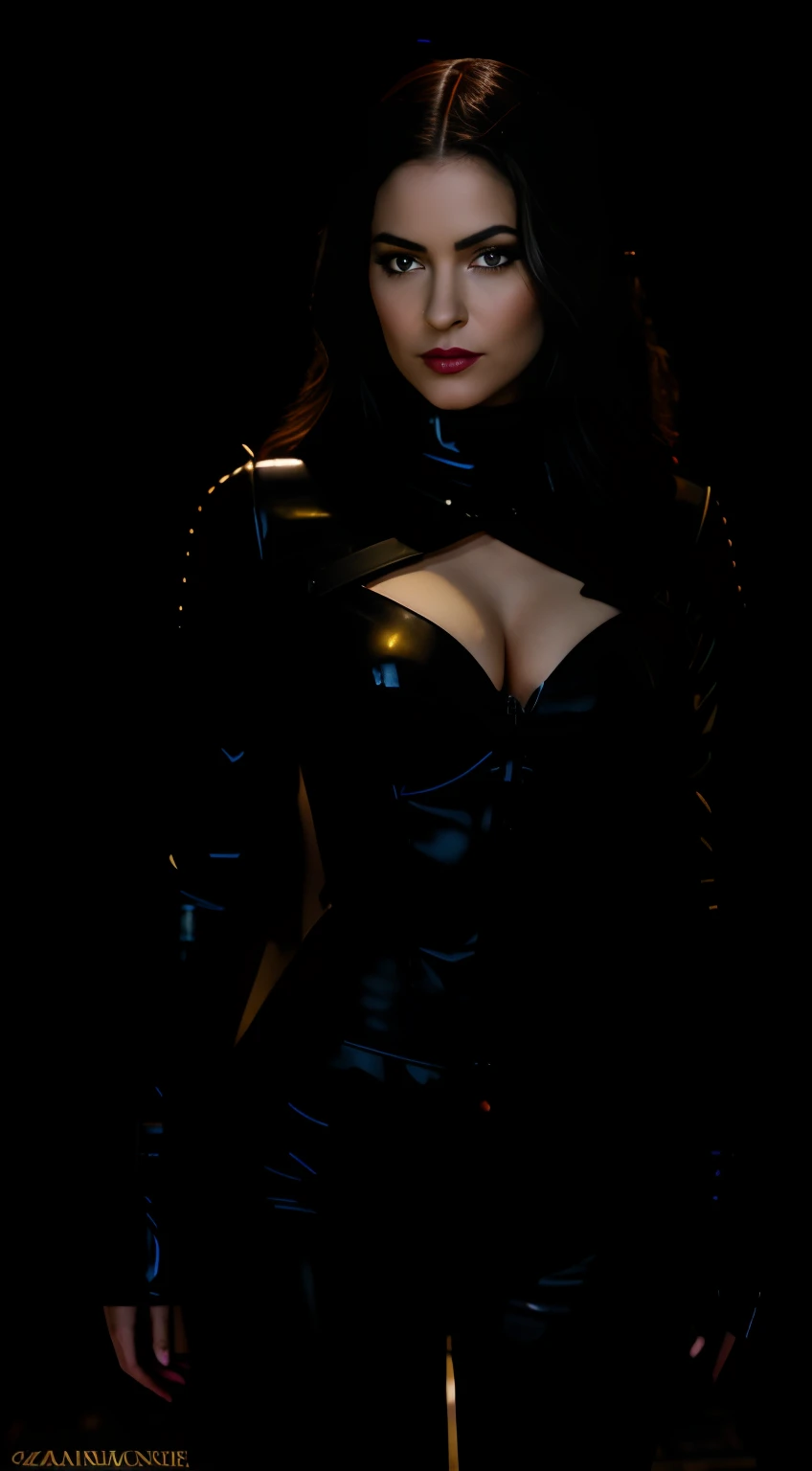 Arafed Woman in a black latex suit posing for a photo, vestido de cuero negro, Catwoman, seductive cyberpunk dark fantasy, Traje de cuero negro, dominatrix, en armadura de cuero, black latex, latex domme, black latex sculpt, Yennefer de Vengerberg, Kylie Jenner como Catwoman, cosplay en Black Harley Queen, villainy, caminando en el Inframundo, mundo de los muertos, Pantheon