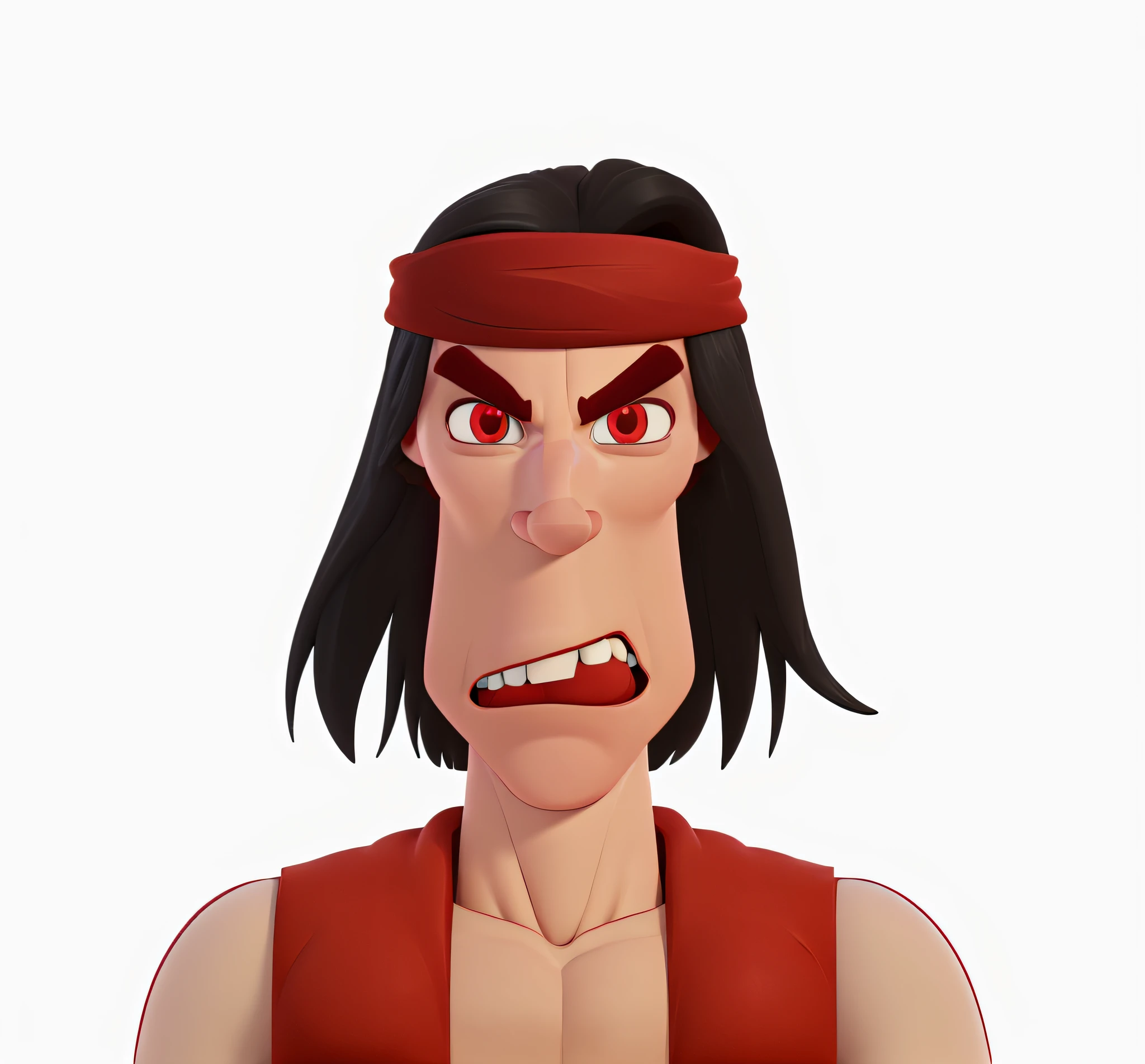 white background, (((3d rendered, cartoon))), long black hair, shirt less, red vest, red head band, thick eyebrows, big jaw, long face, caricature,