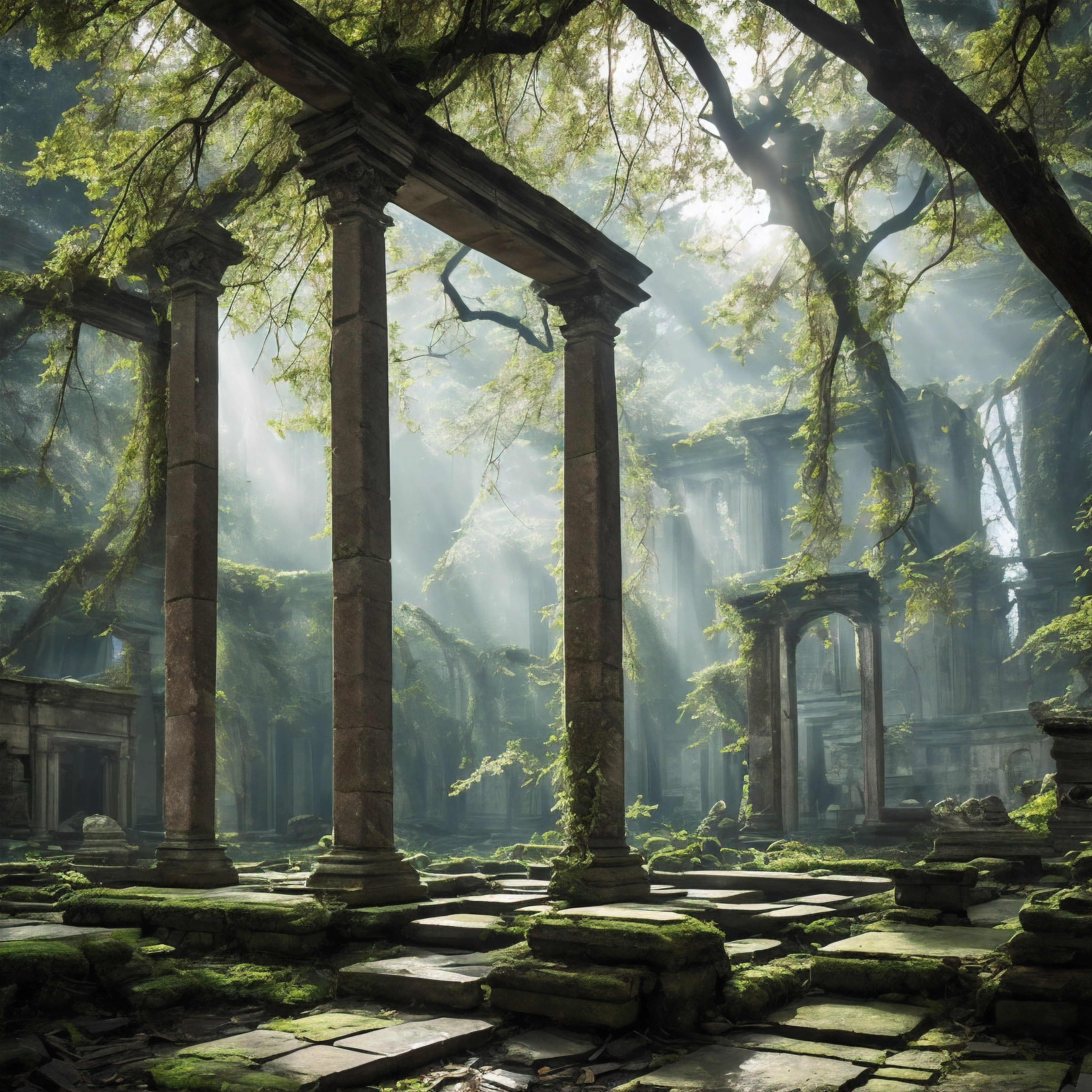 In the midst of a long-forgotten ancient city, now lay crumbling ruins being slowly reclaimed by nature. Ivy snaked up cracked marble columns that stood like proud but weary sentinels. Moss blanketed fallen Pediments carved with mysterious symbols from a bygone era. Through the decaying walls, sunlight streamed into the abandoned temples, illuminating the swirling dust motes within.

An air of quiet peace and purification enveloped the ruins. There was a sense that love was slowly healing this place, bringing life back where there had only been death and desolation before. Small birds flitted amongst the rubble, their song echoing gently. Tiny sprigs of grass poked through, the first new growth in centuries.

In the heart of the ruins, framed by a partially collapsed stone entryway, stood an ancient gnarled tree, its trunk twisting with the accumulated wisdom of millennia. From its venerable branches hung a cross, carved from the very wood of the tree itself. The cross had weathered the ages, enduring when all else had crumbled around it, exuding an aura of the purest love.

This place had seen much suffering in the past, but now love flowed through it like a gentle stream, washing away the pain and grief. All who entered here could not help but be calmed by the quiet power of unconditional love that breathed through everything. The ruins were being sanctified by it, transformed into something new, yet still beautiful.