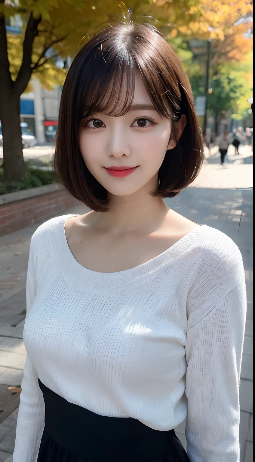 randome pose, mix4, (8K, Raw photography, top-quality, masterpiece: 1.45), (realisitic, Photorealsitic: 1.37), one girls, cute little, A smile、Cityscape, natta, profetional lighting, plain,a park,photon maping, Radio City, physically-based renderingt, Gradient black hair, white hair, Hair Straight Bob Cut,gals,a handsome, girl with, large full breasts,long-sleeve,Autumn clothes,Autumn outfit,top quality photo, hight resolution, 1080p, (clearface), (Detailed face description), (Detailed hand description), (masterpiece), realisticlying, extreme light and shadows, dishevled hair, masterpiece, lush detail, (Fine facial features), (Highest Quality Photos), (masterpiece), (finely eye), dual、Look in front of you, Fine clavicle,Emphasis on the armpits、Show lower milk,