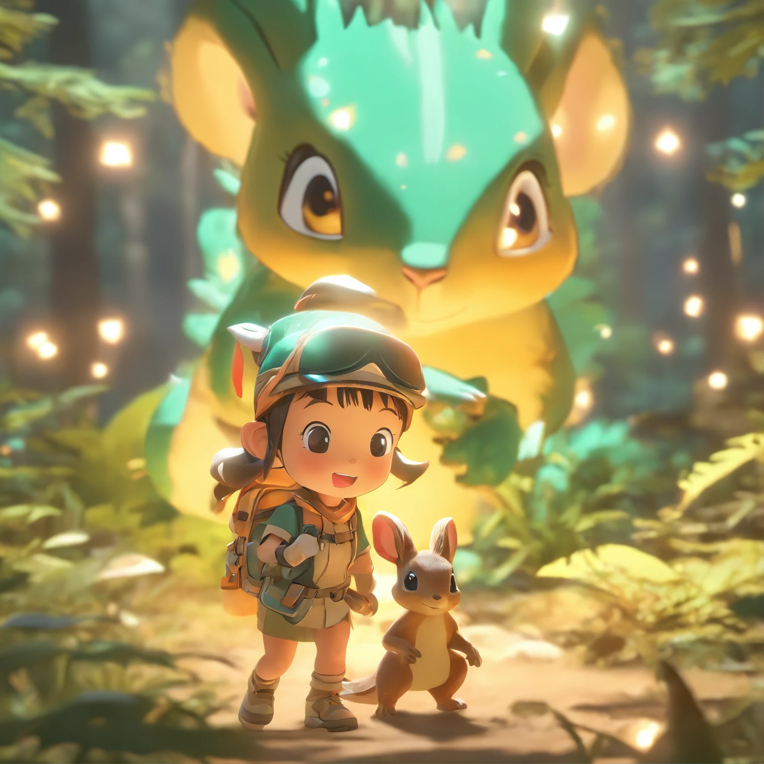 (nijistyle),Five-year-old Chinese girl,Carry an oversized adventure pack,A small squirrel,A little dinosaur early morning girl,Set off on an expedition,Miniature character model in the forest, Light source from right to left, Rum lighting, Light source from right to left, (Remote view), (Top down), Realistic proportions, Post-processing, ((Orthogonal perspective)), Super detail, Realistic, Super realistic, photoreal render, Irridescent color, glitters