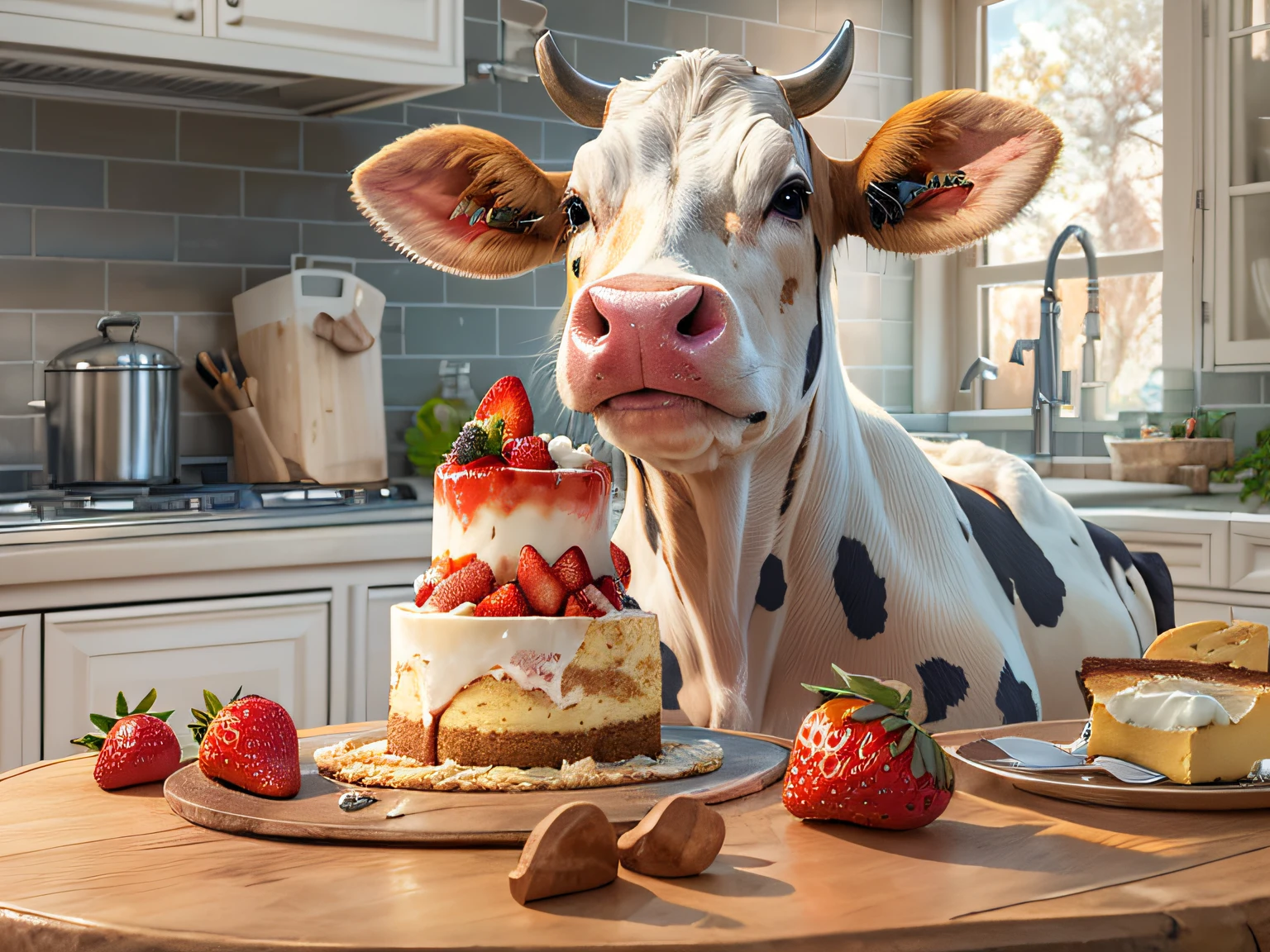 a picture of an anymorph cow eating cheese cake, there is a an anymorph of a female cow, dynamic colors, busty  wearing an apron, wearing skirt, sitting in a modern kitchen eating chesses cake with strawberries and cream, modern kitchen background, ultra best realistic, best details, best quality, 16k, [ultra detailed], masterpiece, best quality, (extremely detailed), ultra wide shot, photorealism, depth of field, hyper realistic