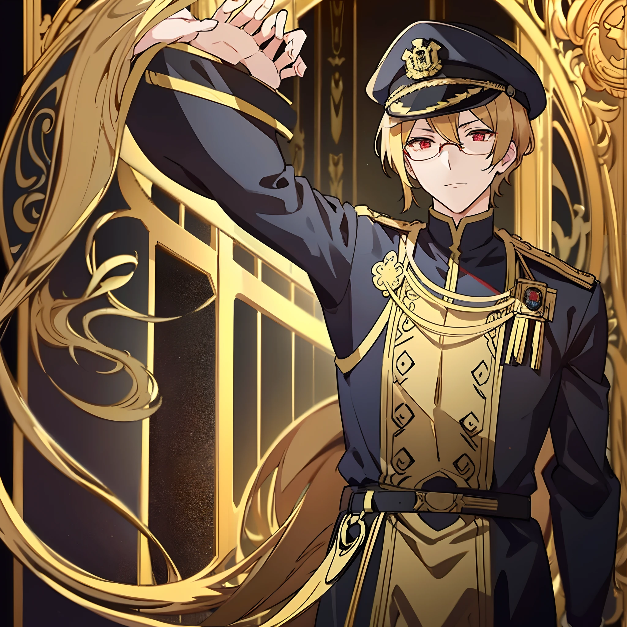 animesque、top-quality、Standing picture、Soio、Whole human body、Handsome and beautiful man、commander、shiny detailed golden hair、Black military uniform with noble and detailed design、Wearing a military cap、Wearing intelligent and good-looking glasses、Elegant、Detailed cartoon-like red eyes、Beautiful eyebrows、elegent、Luxury、glamor、Luxury