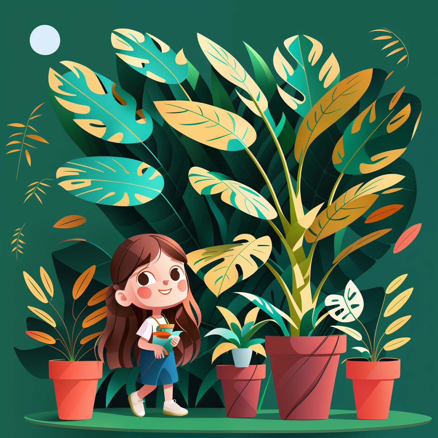 Long-haired girl，plant，potted，Monstera，O logo，vectorial，Line art，designs，Inspiration，straight line，对称