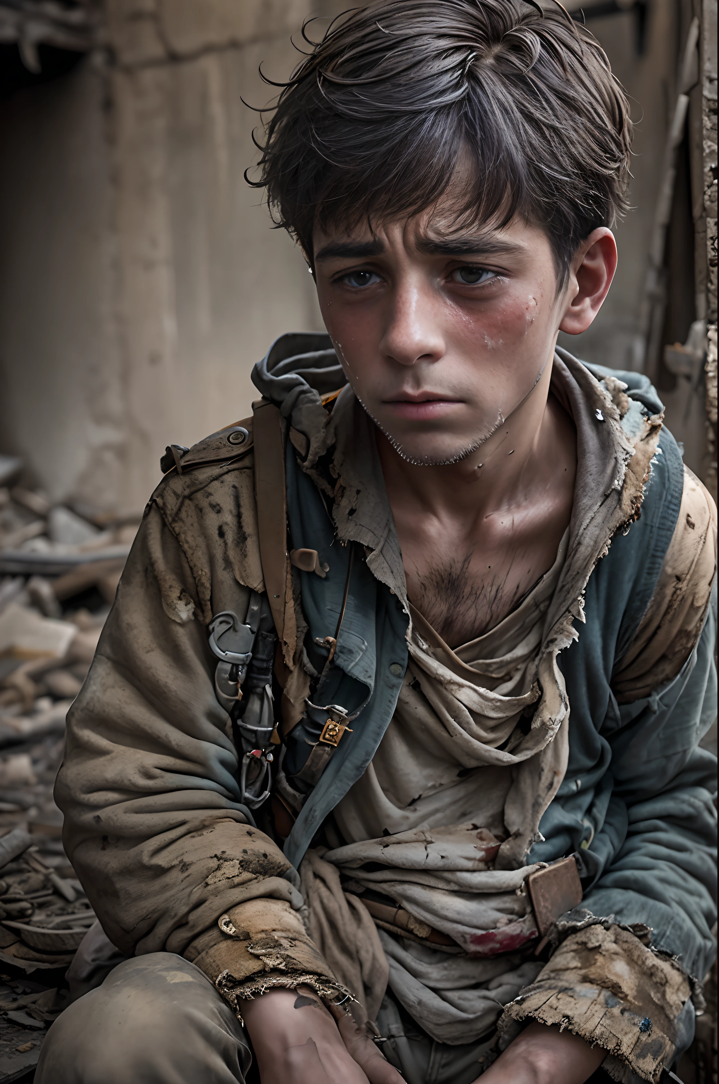 A war-torn boy,Loved ones who lost their lives in the ashes of war in the Middle East,Holding a worn-out book in his hand,The clothes were tattered,Ruins of war,be desperate,Tragic,(Ultra-detailed description of facial pain and hopelessness:1.2),Real Human,Ultra photo realsisim,hyper realisitc,rendering by octane。Finer body structure,close-up all over the body,(Ultra-real teardrops),Holding a battered car。(50mm focal length shooting:1.1)(War correspondent perspective:1.1),hunger