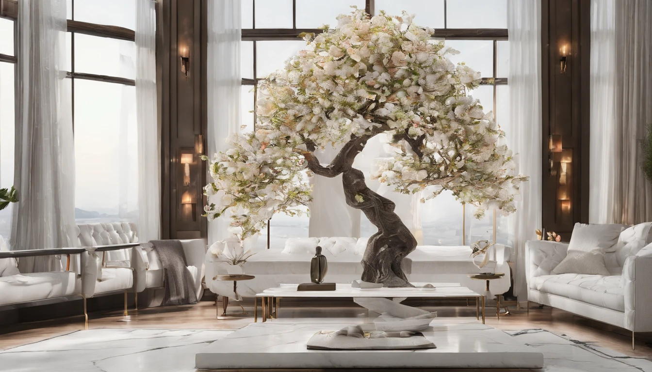 Laurel branches,Shot at a 15-degree elevation angle,Suitable for close-to-medium shooting,petals,Osmanthus flowers flying,Top daylight,Refreshing style,Snowy mountains in the distance,Ultra-clear image quality