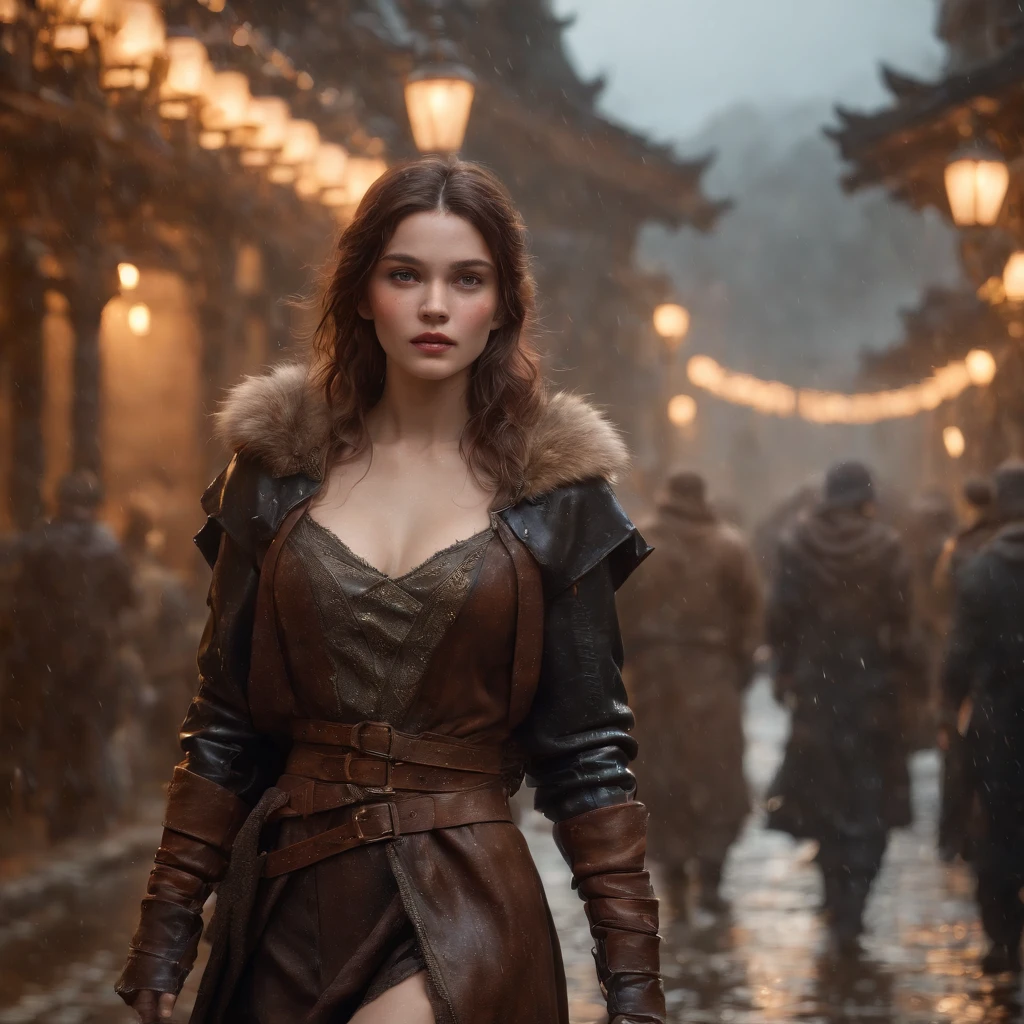 (professional 3d render:1.3) af (Realistic:1.3) most beautiful artwork photo in the world,Features soft and shiny female heroes, ((Epic hero fantasy muscle man rough wet hero angry looking long hair short beard and ferocious expression in dynamic pose, Fantastic location, Majestic cluttered environment)), Full body 8K unified rendering, action shot, skin pore, very dark lighting, heavyshading, Detailed, Detailed face, (vibrant, photograph realistic, Realistic, Dramatic, Dark, Sharp focus, 8K), (Old leather garments damaged by weathering:1.4), ((((Wear fur)))), (Intricate:1.4), decadent, (Highly detailed:1.4), Digital painting, rendering by octane, art stations, concept-art, smooth, Sharp focus, illustration, Art germ, (loish:0.23), wlop ilya kuvshinov, and greg rutkowski and alphonse mucha gracias, (Global illumination, Studio light, volumettic light), heavy rain, particles floating, lotr, fantasy, elf, full bodyesbian, ((Dark and ancient city background:1.3)),CGSesociety,art stations