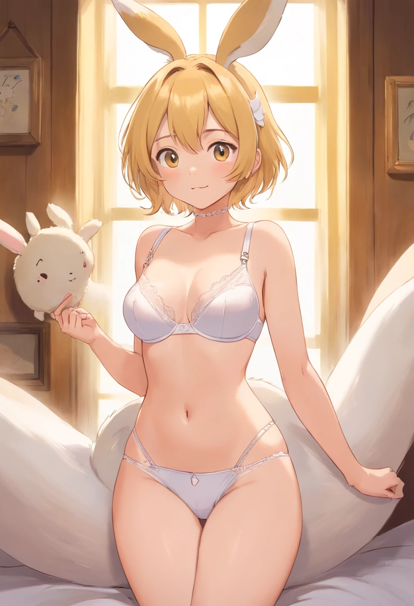 White bra,white panties,hindquarters,stocklings,with short golden hair,With rabbit ears,There is a rabbit tail on the panties