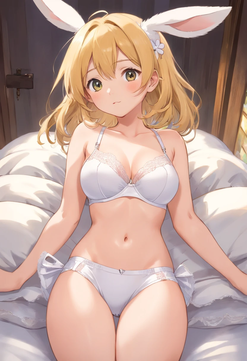 White bra，white  panties，hindquarters，stocklings，with short golden hair，With rabbit ears，There is a rabbit tail on the panties