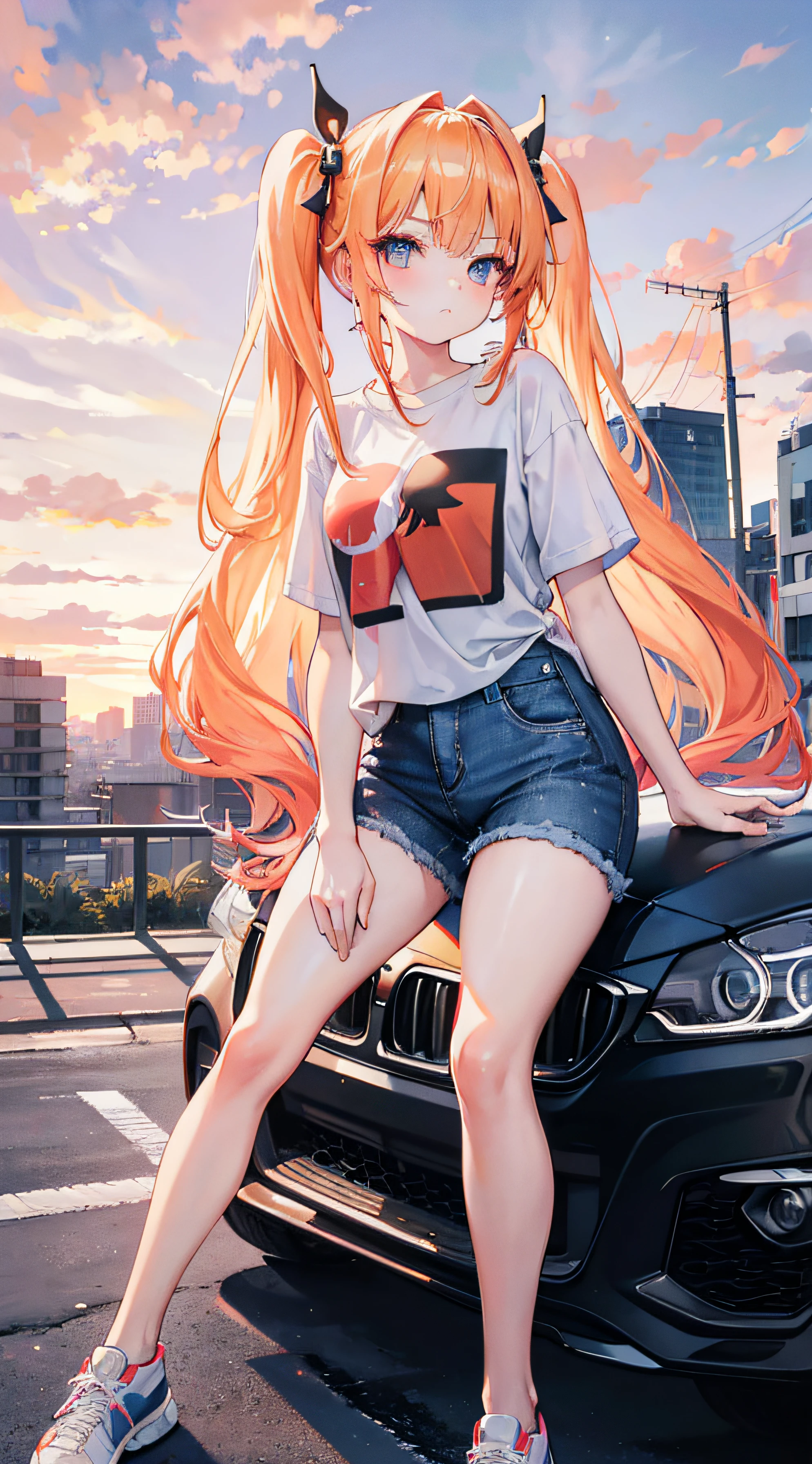 1girl, long blonde pigtails hair, coral colored eyes, wearing vector art shirt, demin skinny jeans, city, absurdres, high res, ultrasharp, 8K, masterpiece, looking at viewer, leaning on 1bmw, sunset
