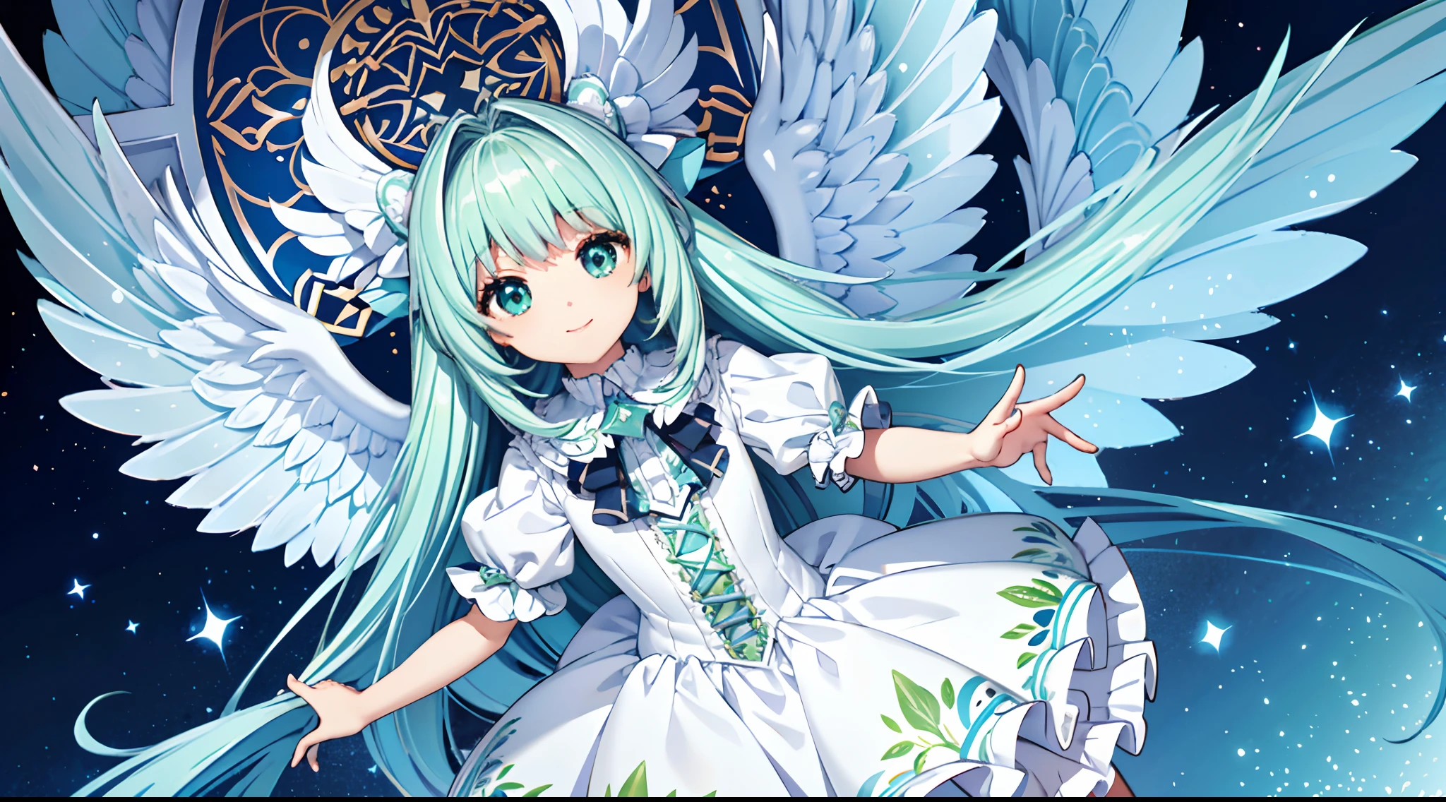 Big big wings of iridescent angel、1 kawaii girl、adorable smiling、Light blue long hair、Twin-tailed、Colorful angel costume in white and green Lolita style with lots of frills、((top-quality))、((masterpiece))、(ighly detailed、highestdetailed、Official art、Beautifully Aesthetic:1.2)