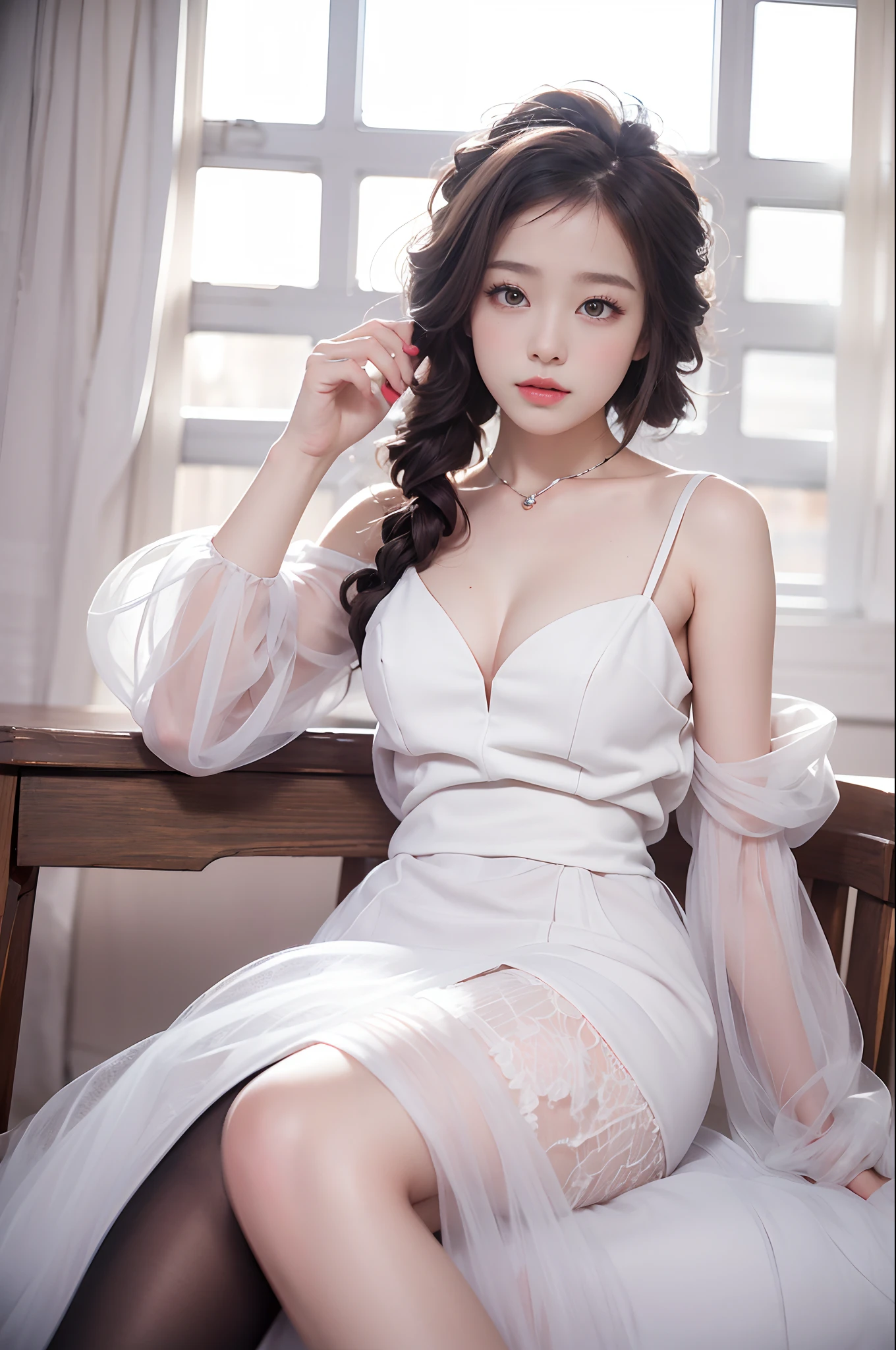 best qualtiy， tmasterpiece， 超高分辨率， realisticlying， 1girll， bshoulders， ssmile， Oversized_Sweater， gentlesoftlighting， Delicate skin， brown  hair，(Beautiful breasts)，(Close both eyes:1.2)，Short black dress，black lence stockings，White gloves