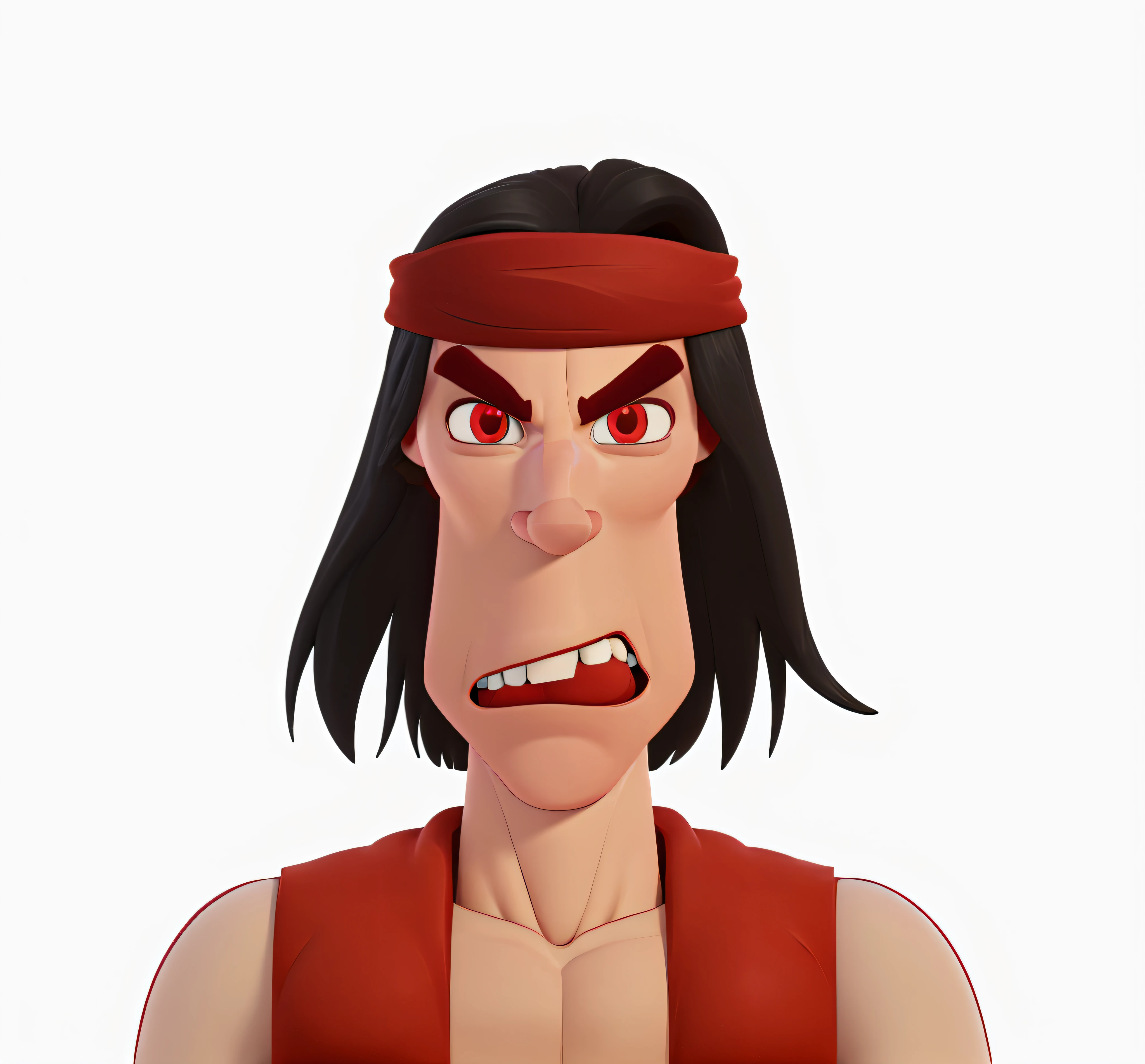 white background, (((3d rendered, cartoon))), long black hair, shirt less, red vest, red head band, thick eyebrows, big jaw, long face, caricature,