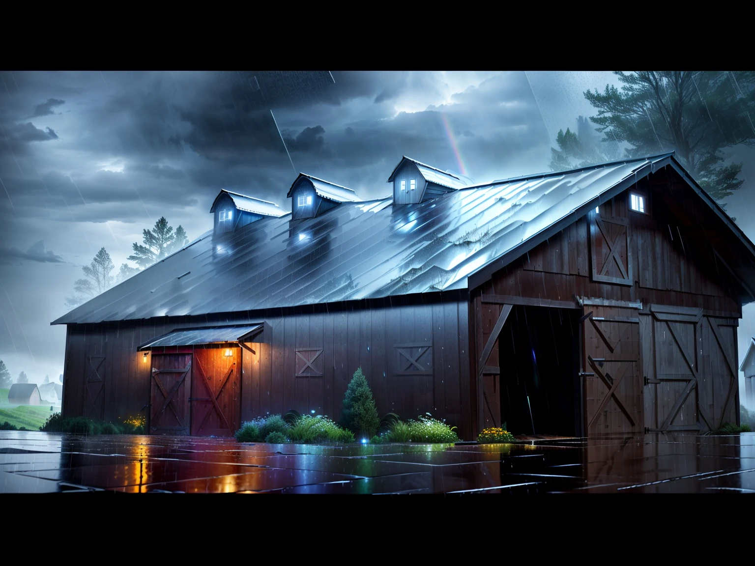 there is a barn in the rain with a roof and a roof, rain. hyper detailed, falling rain, rain falls, rain falling, strong rain night, hard rain falling, pouring iridescent rain, pouring rain, hard rain pouring straight down, heavy rainfall, raining at night, it is raining heavily, it is night and raining, digital rain, rainfall