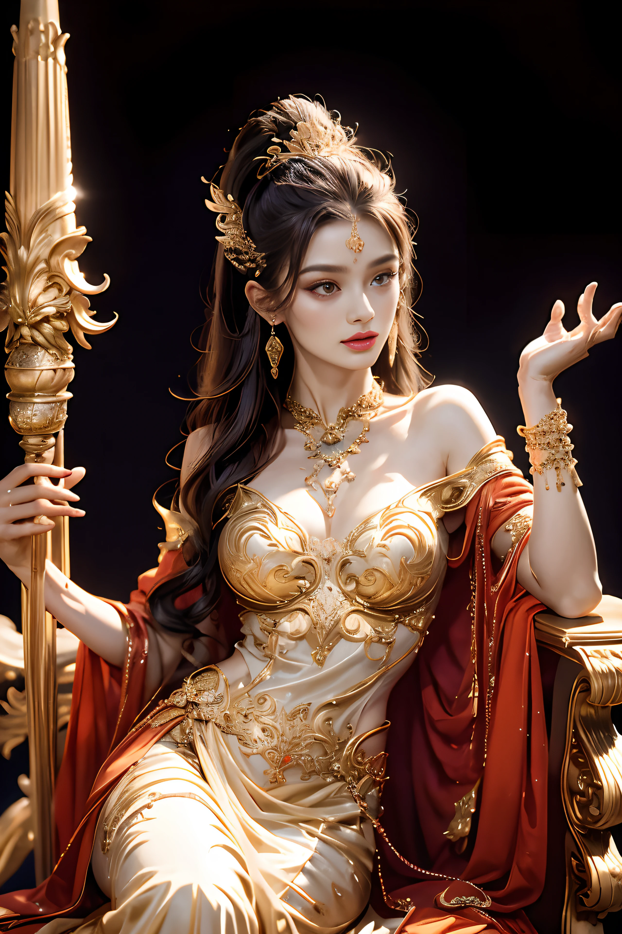 Noble goddess，Scepter in hand，Elegant temperament，mystical ambiance，Best quality、tmasterpiece、A high resolution、1girll、Sheer silk porcelain dress、Nice face、hair adornments、looking at viewer、shift dresses、hair adornments、choker necklace、jewely、long black hair、earring、pretty  face、Sit in a golden chair，Ancient mythology、Ancient palaces，Luxurious and detailed background、hentail realism、profesional lighting、edge lit、bicolor lighting、（highdetailskin：1.2）、8K, Ultra HD、Digital SLR、softlighting、high quality，Volumetriclighting，High resolution 4K，blur background，high contrast，largevaperture，automatic white balance，cinematic compositions，realisticlying