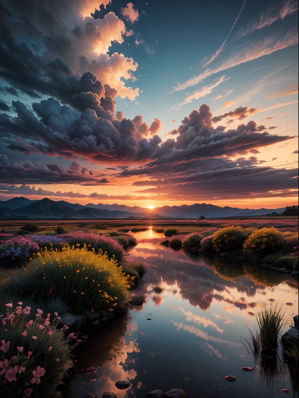 There is a beautiful sunset, the hillside is covered with flowers and plants, the flowers are up close, the colorful sky, the surreal colors, the colorful sunsets, the colorful sky, the marvelous sky reflection, the amazing sky, the fantastic atmosphere 8K, the colorful clouds, the color reflection on the lake, the surreal sky, the red and blue reflection, the fire reflection, the beautiful sky, the beautiful and spectacular dusk, the beautiful dream landscape, the amazing sky
