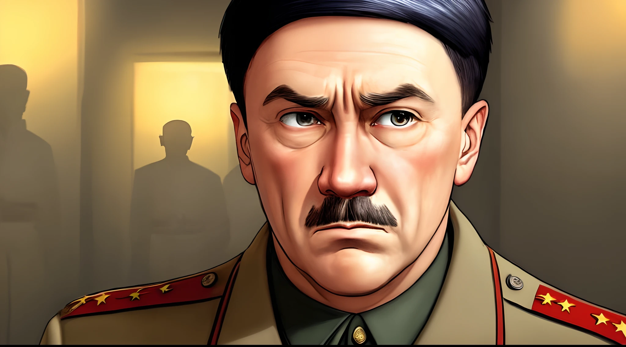 Draw a Hitler with arms crossed in a dimly lit bunker with worried generals behind him while he has a smirk in Disney and Pixar drawing styles poster