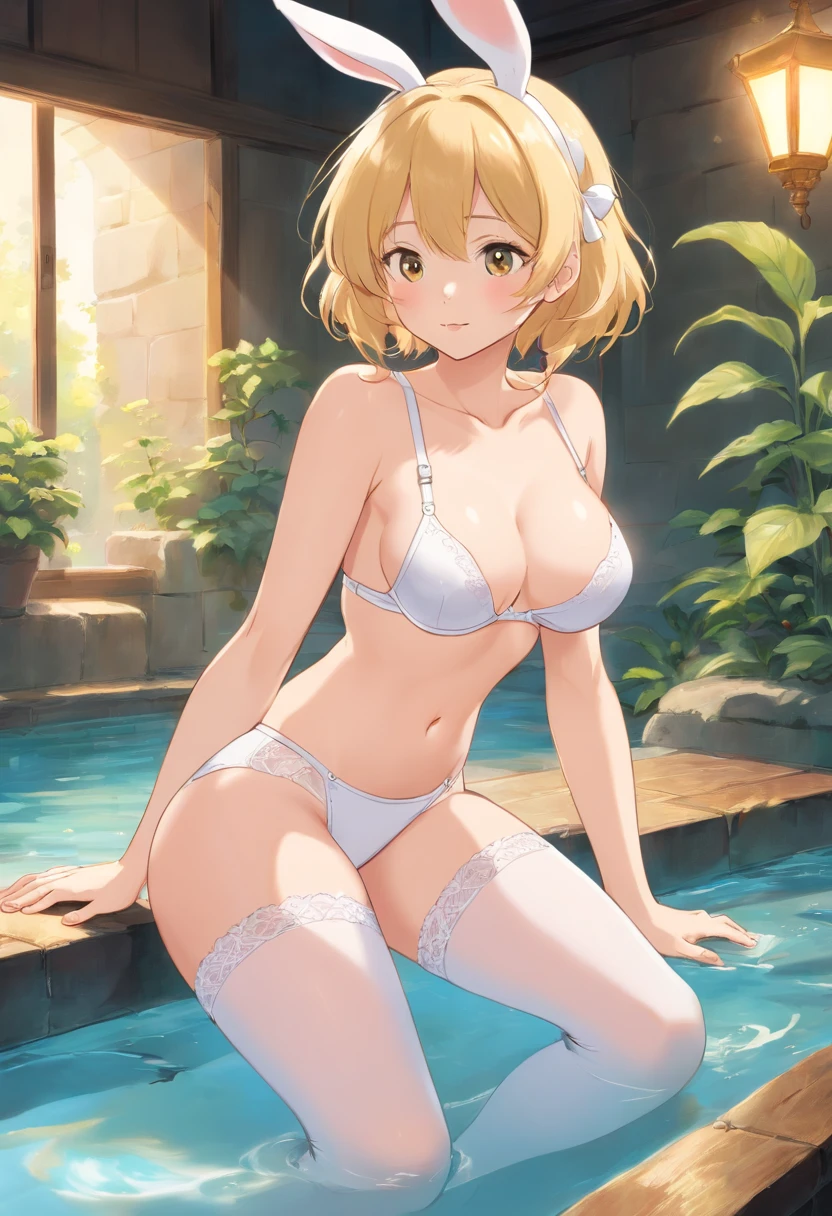 White bra,white panties,Butt to the audience,White stockings,with short golden hair,With rabbit ears,There is a rabbit tail on the panties,Pool