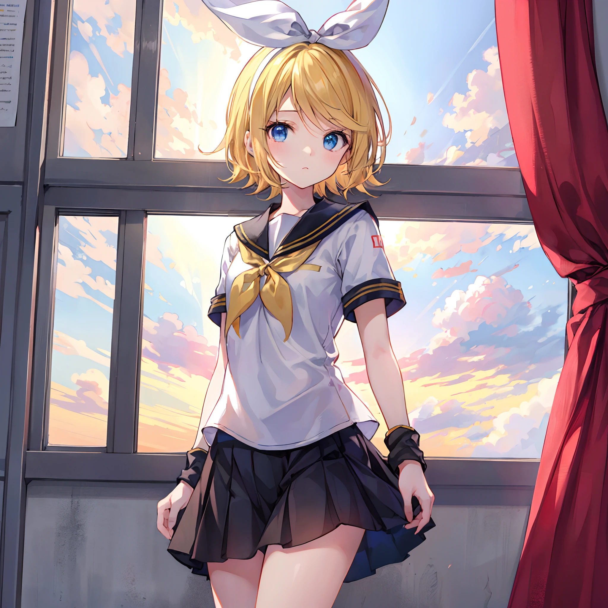 Kagamine Rin , por rubio , coletas 、ojos rojos、Hermosa chica sola、quimono、una minifalda、aula de escuela 、sentado en pupitre , luz de atardecer (entrando por la ventana , cortinas que se mueven un poco con el viento