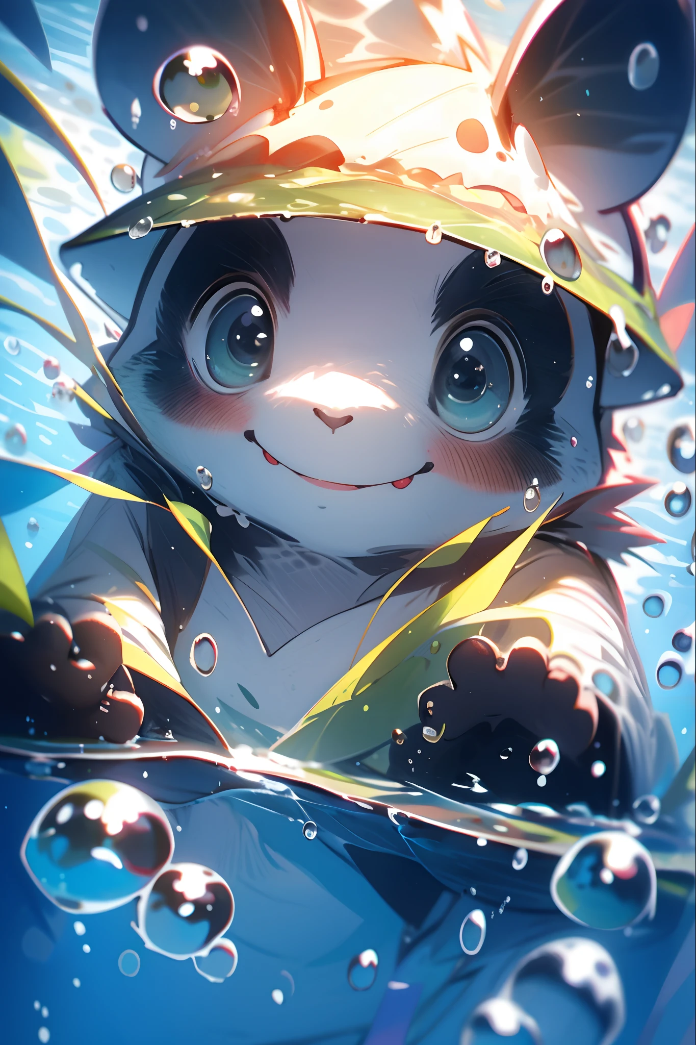 1 cute frog, close-up face, Portrait, Furry, No Man, In water, ocean floor, Swimming, Blisters, Buble, More details, Saturated colors, cute smiling, Best quality, 8K, High saturation