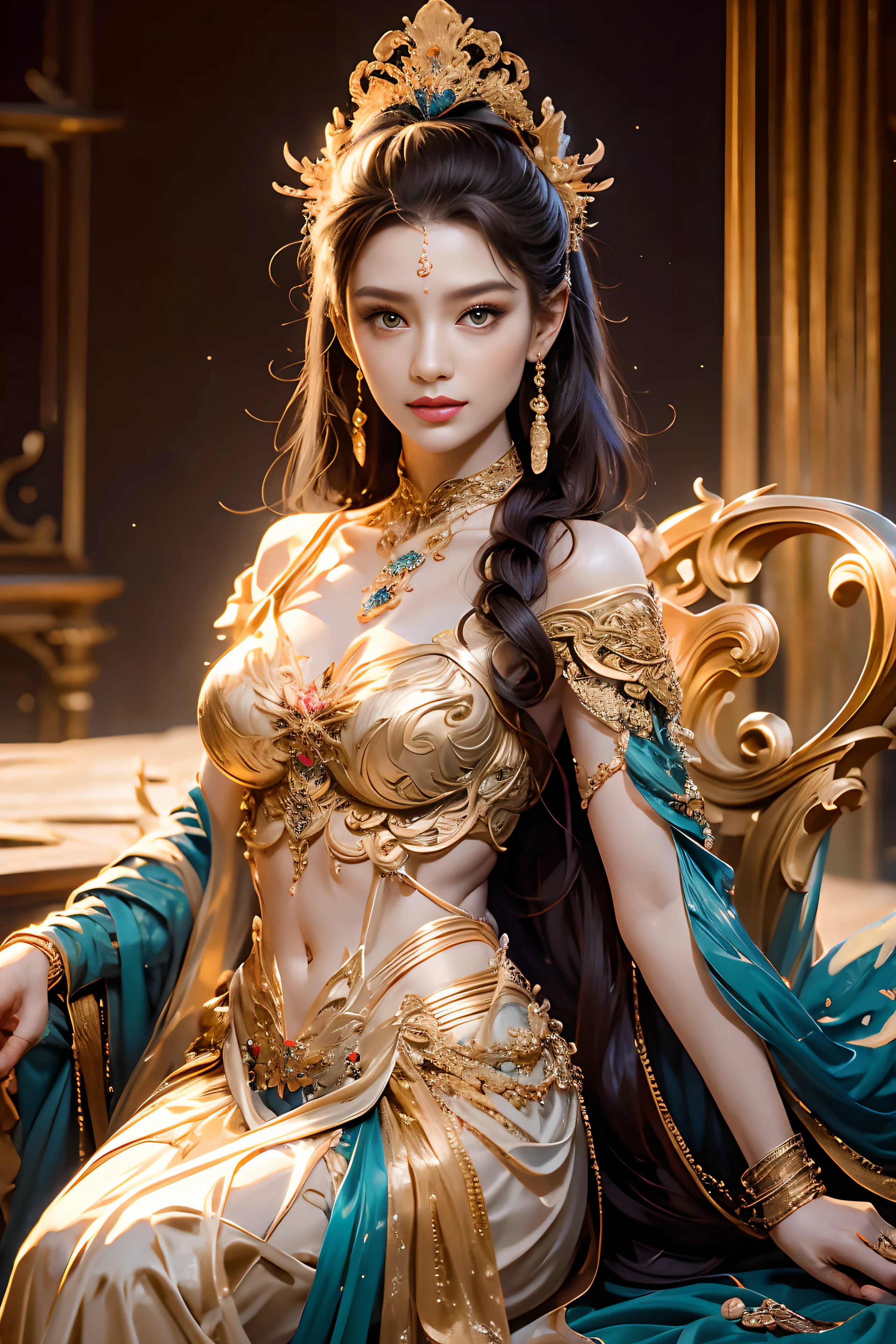 Noble goddess,Scepter in hand,Elegant temperament,mystical ambiance,Best quality、tmasterpiece、A high resolution、1girll、Sheer silk porcelain dress、Nice face、hair adornments、looking at viewer、shift dresses、hair adornments、choker necklace、jewely、long black hair、earring、pretty face、Sit in a golden chair,Ancient mythology、Ancient palaces,Luxurious and detailed background、hentail realism、profesional lighting、edge lit、bicolor lighting、(highdetailskin:1.2)、8K, Ultra HD、Digital SLR、softlighting、high quality,Volumetriclighting,High resolution 4K,blur background,high contrast,largevaperture,automatic white balance,cinematic compositions,realisticlying