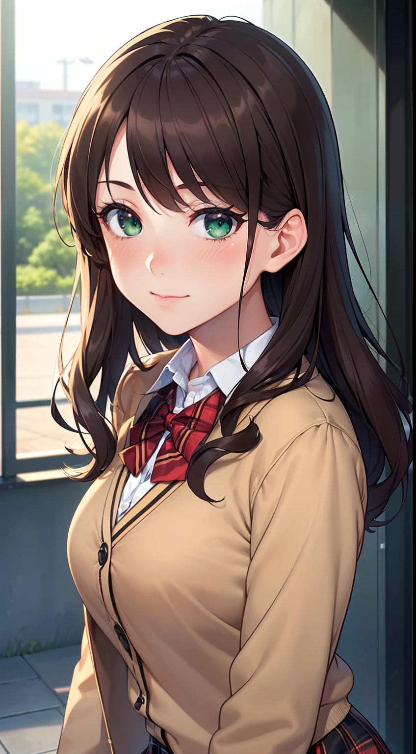 ((Masterpiece, Best quality, A high resolution, hyper HD, Perfect pixels, Depth of field, 4K, RTX, hdr))), 1girll, Single, Solo, Beautiful anime girl, Beautiful Art Style, anime figure, ((Long hair, bangs, Brown hair, Curly hair:0.8)), ((Green eyes:1.4, Rounded eyes, Beautiful eyelashes, Realistic eyes)), ((Detailed face, Blushing:1.2)), ((Smooth texture:0.75, Realistic texture:0.65, Photorealistic:1.1, Anime CG style)), Medium breasts, Dynamic Angle, Perfect body, ((Portrait, angle of view)), ((red bowtie, school uniform, Black jacket, Open jacket, Brown cardigan, White shirt, Black skirt, plaid skirts)), Smile, An amusement park