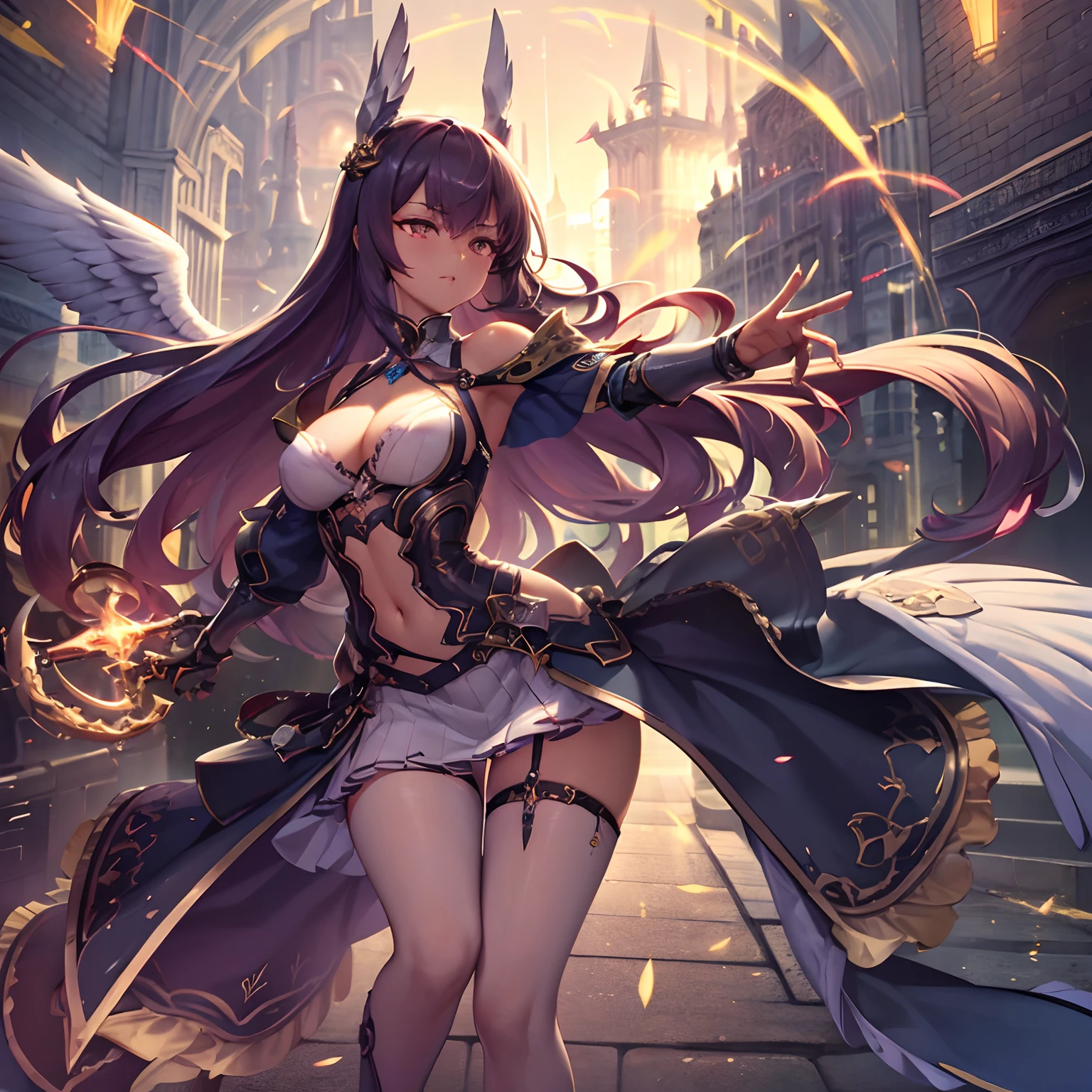 Future girl, Dark skin, a purple eye, spaces, Purple hair, Blue hair, Pink hair, Long hair, Dark skin, Futuristic Coffee Shop Girl 1, spreading her wings, wearing a coat of white feathers,, Wings full of the back, Radiant Hello, long hair flowing, Mechanical wings dancing delicately at the waist, Medium Figure, Sunken navel, curtains of white feathers on the pelvis move slightly,, Miniwings scattered on the body, Multiple wings with a yellow sheen, Soft yellow fire between the wings.((16 K,Ultra Definition、The highest masterpiece,Best Quality)), maxiskit, dress conservatively 1 girl, 独奏, Full body, wide shoot, Graceful standing, holding sword down, White hair, Long hair, valkyrie, armor, Angel, White bra, side bun, from the front side, extra size body, Night, mont, look at viewr（（Super best quality））， （（A very masterpiece））， （（super detailing：1.4））， （（hyper realistic lifelike 3d））， Dragon Warrior Girl， Mechanical body， Dynamic action poses in battle scenes， Mechanical weapons of very complex and heavy fighters， Off-the-shoulder fashion that fuses dense and complex steampunk with dense gothic lolita， Complex steampunk headgear， very thin long legs， Mechanical boots above the knee， Fluttering Lace Flared Mini Skirt， beautiful small breasts directed upwards，Rather long vertically curly silver hair flutters in the wind，Countless shining large spheres flying around，Many sparks cross and splash，Countless neon signs rained down from the magic-invoking gesture，Steampunk Factory，Complex and precise mechanical ruins，Very dark night background，Very dramatic and cinematic lighting。