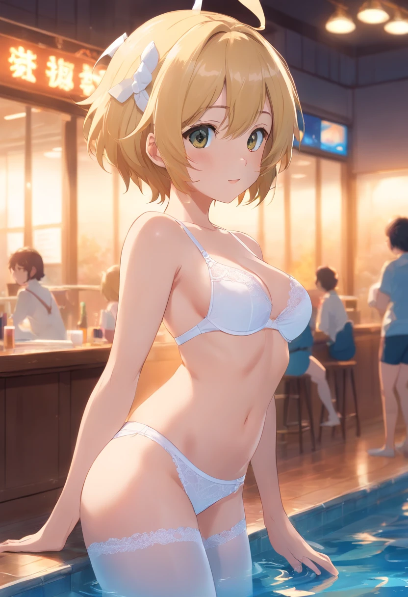 White bra，white  panties，Butt to the audience，White stockings，with short golden hair，With rabbit ears，There is a rabbit tail on the panties，Pool