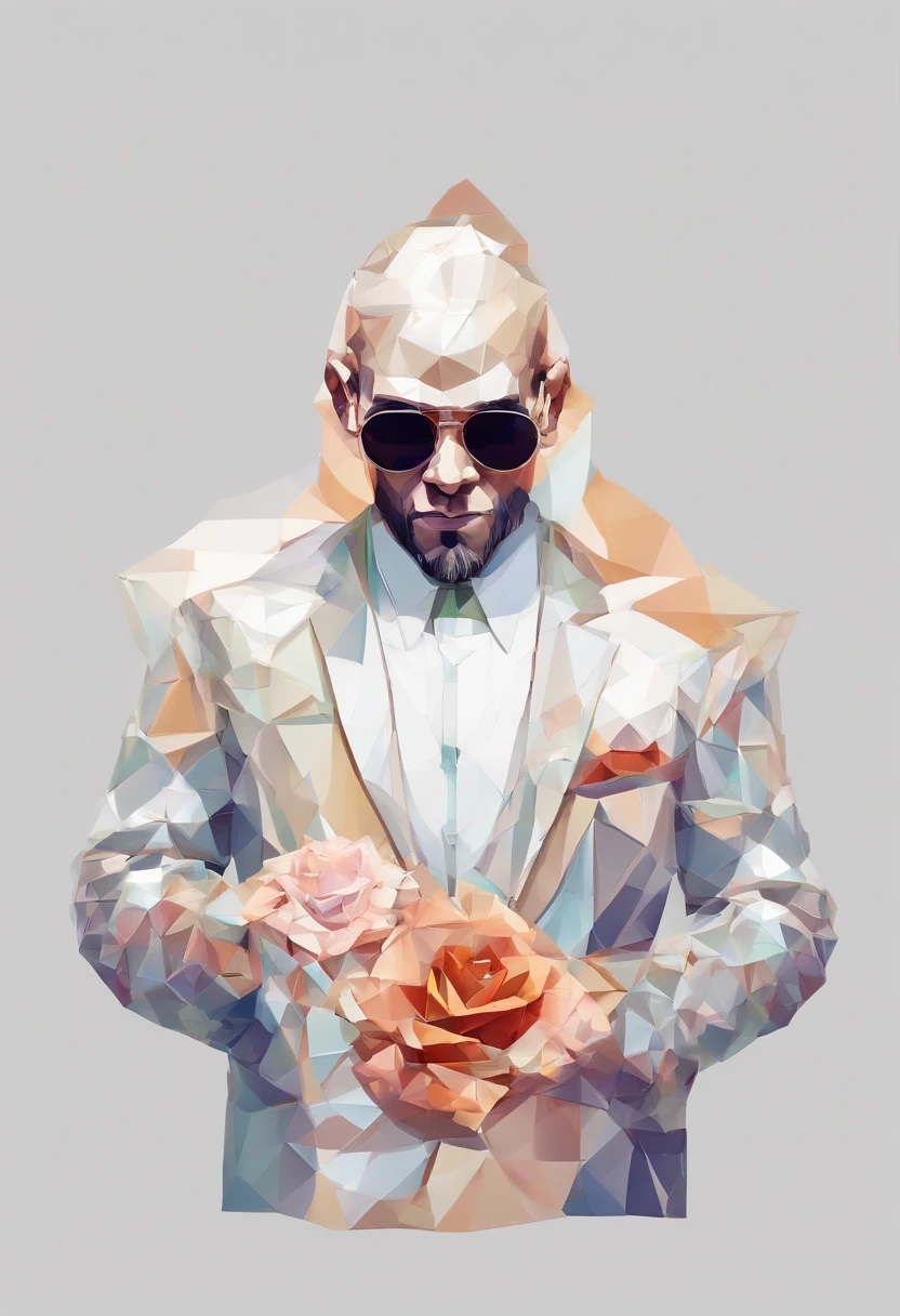 Perfect alignment, Sand monk in jacket,crystal vases,Rose flower, Wearing sunglasses, cheerfulness, Standing position, Abstract beauty, Centered, Looking at the camera, Facing the camera, nearing perfection, Dynamic, Highly detailed, smooth, Sharp focus, 8K, high definition resolution, illustration, Art by Carne Griffiths and Wadim Kashin, White background