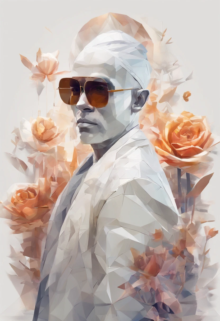 Perfect alignment, Sand monk in jacket，crystal vases，Rose flower, Wearing sunglasses, cheerfulness, Standing position, Abstract beauty, Centered, Looking at the camera, Facing the camera, nearing perfection, Dynamic, Highly detailed, smooth, Sharp focus, 8K, high definition resolution, illustration, Art by Carne Griffiths and Wadim Kashin, White background