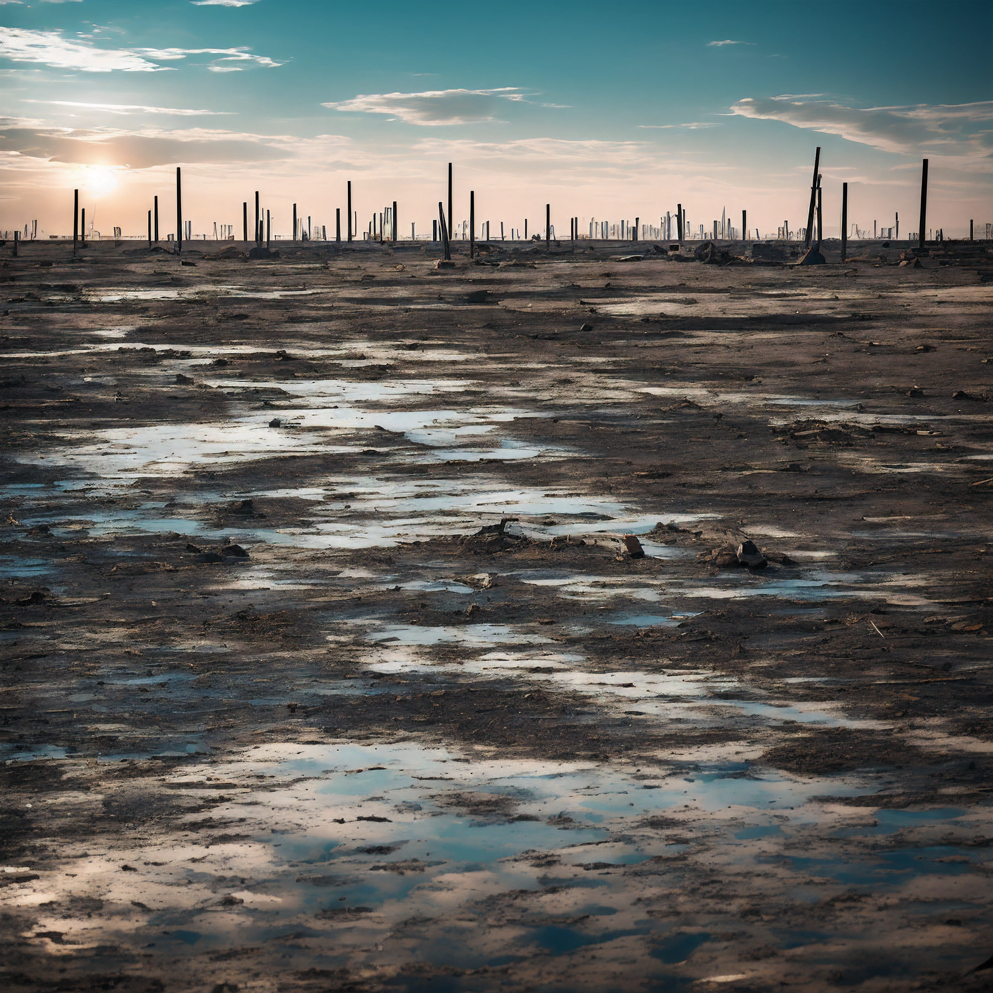 The vast muddy wasteland stretched as far as the eye could see. Cracked earth and baking mud flats occupied the space where cool blue waters once flowed. The summer sun blazed down mercilessly on the barren landscape. In the shimmering heat waves, the warped outlines of abandoned boats and collapsed docks dotted the horizon.

A lone man trudged through the desolation, pulling a rickety cart behind him. His clothes were ragged and dusty, his face obscured by a respirator mask and goggles. The shells of old lakeside towns loomed ahead of him like haunting skeletons. He scanned the area warily, gripping a spear fashioned from an old boat hook.

This place had once been the bustling heart of the Midwest. Now it was a desert, drained of the precious resource that gave it life. Nothing remained alive in this catastrophic aftermath except for scavengers like the man. He rifled through the wreckage of civilizations past, seeking anything of use to survive.

Cracked concrete foundations were all that remained of proud glass skyscrapers. The man stepped over desiccated fish carcasses and abandoned cars swallowed by the receding waters. An eerie wind howled across the dry lakebed, whipping up swirling vortices of dust. The scene was deathly still, except for the lone scavenger's footsteps echoing mournfully.

Lake Michigan had dried up, one more casualty of humanity's abuse of the planet. The scavenger was witness to the aftermath, haunted by memories of what once was. Now there was only the desolation of the wasted dead lake...and the struggle to survive just one more day.