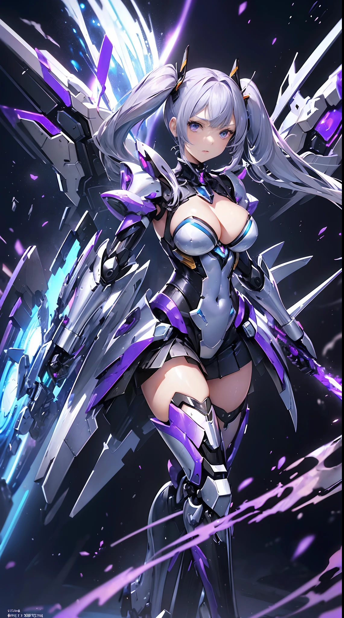 ((Masterpiece)), ((highest quality)), (Ultra High Resolution), super fine illustration, highly detailed face, detailed metal texture, detailed cloth texture,  perfect anatomy, raw photo, professional, ultra-fine painting, real, ((Solo)), ((Woman Dressed as a Mecha Angel)), Beautiful Breasts, (Battle scene), ((Action pose)), ((Has silver hair with twin tails and large blue-purple symmetrical mecha wings: 1.8)), ((Mecha:1.2))Smooth and menacing. Designs like ((Marshal's Weapons)), ((Purple Mechanical Armor Dress)), Concept Art, Anime Science Fantasy Artwork, Detailed Fantasy Art, NSFW