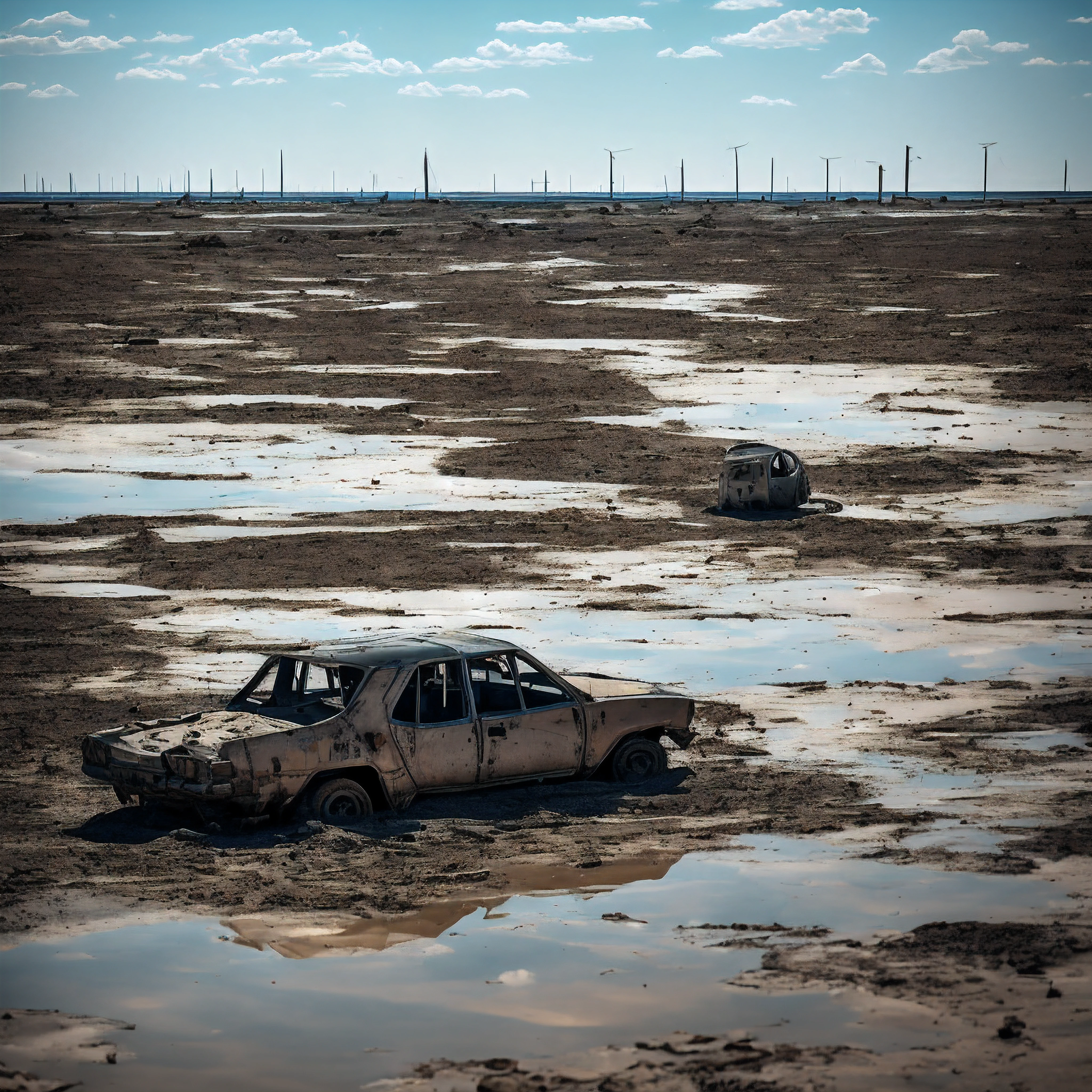 The vast muddy wasteland stretched as far as the eye could see. Cracked earth and baking mud flats occupied the space where cool blue waters once flowed. The summer sun blazed down mercilessly on the barren landscape. In the shimmering heat waves, the warped outlines of abandoned boats and collapsed docks dotted the horizon.
A lone man trudged through the desolation, pulling a rickety cart behind him. His clothes were ragged and dusty, his face obscured by a respirator mask and goggles. The shells of old lakeside towns loomed ahead of him like haunting skeletons. He scanned the area warily, gripping a spear fashioned from an old boat hook.
This place had once been the bustling heart of the Midwest. Now it was a desert, drained of the precious resource that gave it life. Nothing remained alive in this catastrophic aftermath except for scavengers like the man. He rifled through the wreckage of civilizations past, seeking anything of use to survive.
Cracked concrete foundations were all that remained of proud glass skyscrapers. The man stepped over desiccated fish carcasses and abandoned cars swallowed by the receding waters. An eerie wind howled across the dry lakebed, whipping up swirling vortices of dust. The scene was deathly still, except for the lone scavenger's footsteps echoing mournfully.
Lake Michigan had dried up, one more casualty of humanity's abuse of the planet. The scavenger was witness to the aftermath, haunted by memories of what once was. Now there was only the desolation of the wasted dead lake...and the struggle to survive just one more day.