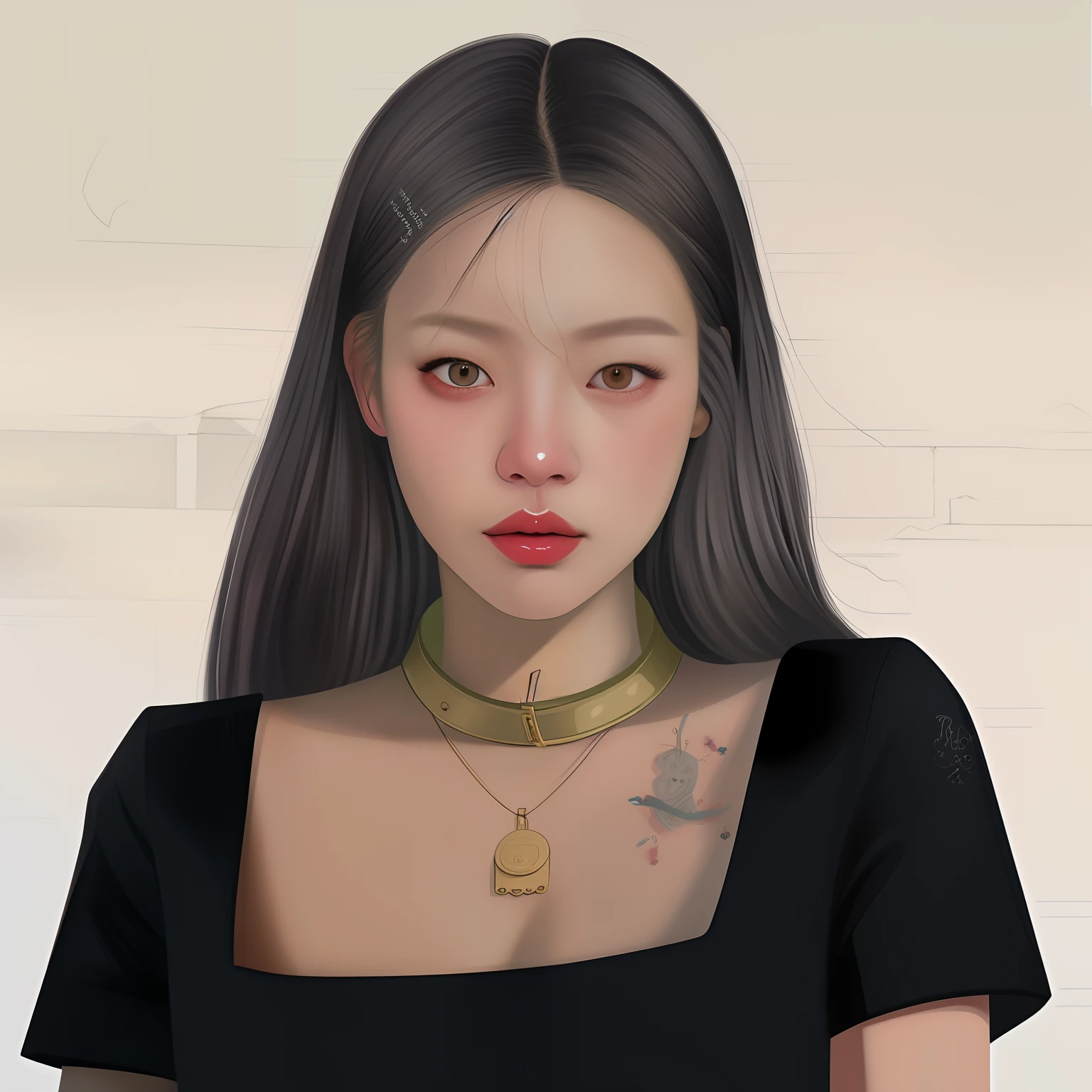 Hay una mujer con el pelo largo y un collar en, inspirado por Sim Sa-jeong, Retrato realista kawaii, Obras de arte al estilo de Guweiz, Retrato de Jossi de Blackpink, # 1 pintura digital de todos los tiempos, #1 pintura digital de todos los tiempos, in the art style of bowater, cruel korean goth girl, digital fantasy portrait, realistic artistic style