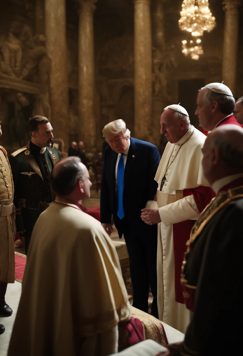 The Catholic Holy Father weeping over a child's coffin draped with the flag of the United States of America