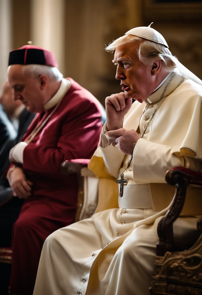 (best quality,4k,8k,highres,masterpiece:1.2),ultra-detailed,(realistic,photorealistic,photo-realistic:1.37),Donald Trump,Julius Caesar,The Pope,Tony Soprano,dwarf,dwarf in trench coat,war strategies discussing,meeting,serious conversation,government leaders,political figures,historic scene,opulent background,elaborate costumes,expressive faces,vibrant colors,dramatic lighting,regal atmosphere,grandiose setting,impressive architecture,palace,arches,columned hall,opulent decorations,ornate details,majestic atmosphere,powerful individuals,world leaders,high-ranking officials,wealth and power,authority and influence,negotiating,tense ambiance,summit meeting,diplomatic talks,significant decisions,tactical planning,complex strategies,historical significance,unconventional assembly,contrast in size and stature,unusual combination of characters,engaging dialogues,intense debates,deep concentration,attention to detail