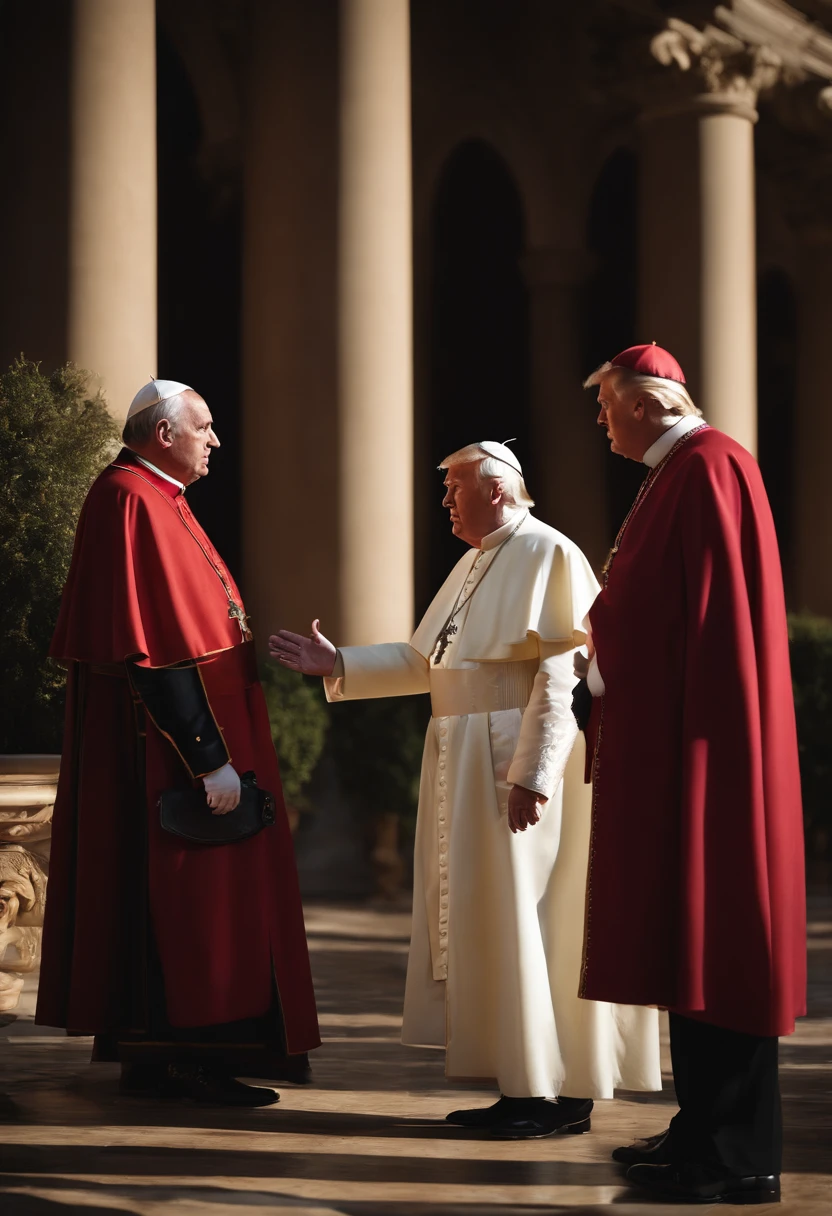 (best quality,4k,8k,highres,masterpiece:1.2),ultra-detailed,(realistic,photorealistic,photo-realistic:1.37),Donald Trump,Julius Caesar,The Pope,Tony Soprano,dwarf,dwarf in trench coat,war strategies discussing,meeting,serious conversation,government leaders,political figures,historic scene,opulent background,elaborate costumes,expressive faces,vibrant colors,dramatic lighting,regal atmosphere,grandiose setting,impressive architecture,palace,arches,columned hall,opulent decorations,ornate details,majestic atmosphere,powerful individuals,world leaders,high-ranking officials,wealth and power,authority and influence,negotiating,tense ambiance,summit meeting,diplomatic talks,significant decisions,tactical planning,complex strategies,historical significance,unconventional assembly,contrast in size and stature,unusual combination of characters,engaging dialogues,intense debates,deep concentration,attention to detail
