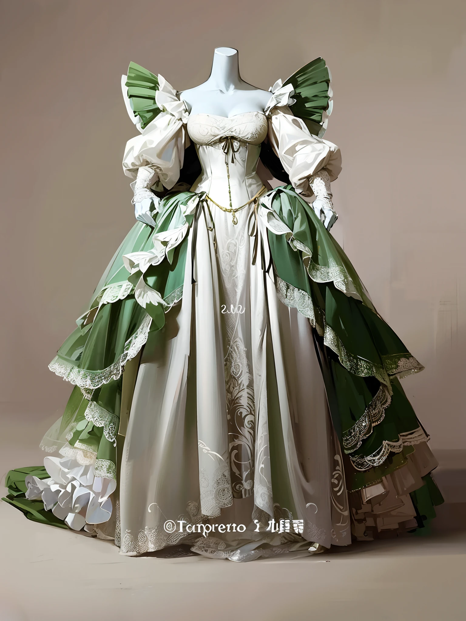 Full body like，Two-dimensional style，style of anime，Close-up of dress of mannequin in green and white dress, Victorian dress, historical baroque dress, intricate victorian dress, Rococo dress, victorian style costume, dress in the style of rococo, dreamy dress, high quality theatre costume, victorian inspired clothing, baroque dress, costume design made with love, rococo ruffles dress, Wear it with Victorian outfits，Works of masters